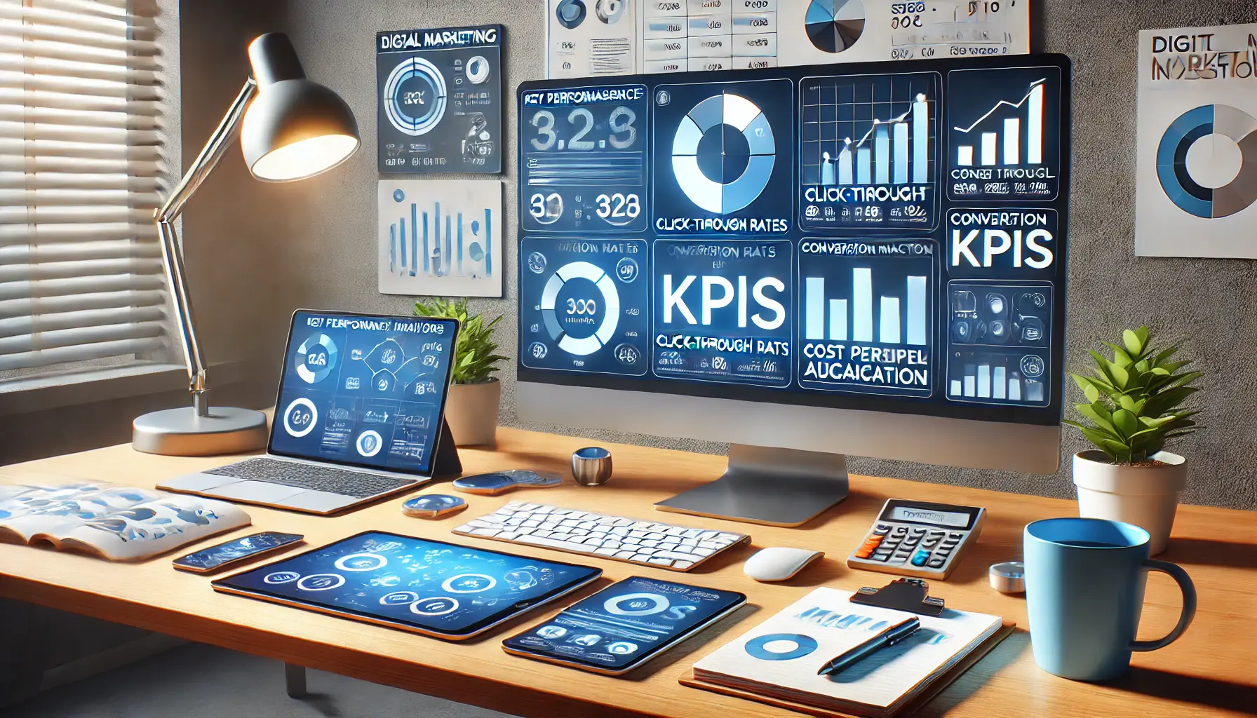 A digital marketing workspace with a monitor displaying KPIs like click-through rates, conversion rates, and cost per acquisition.