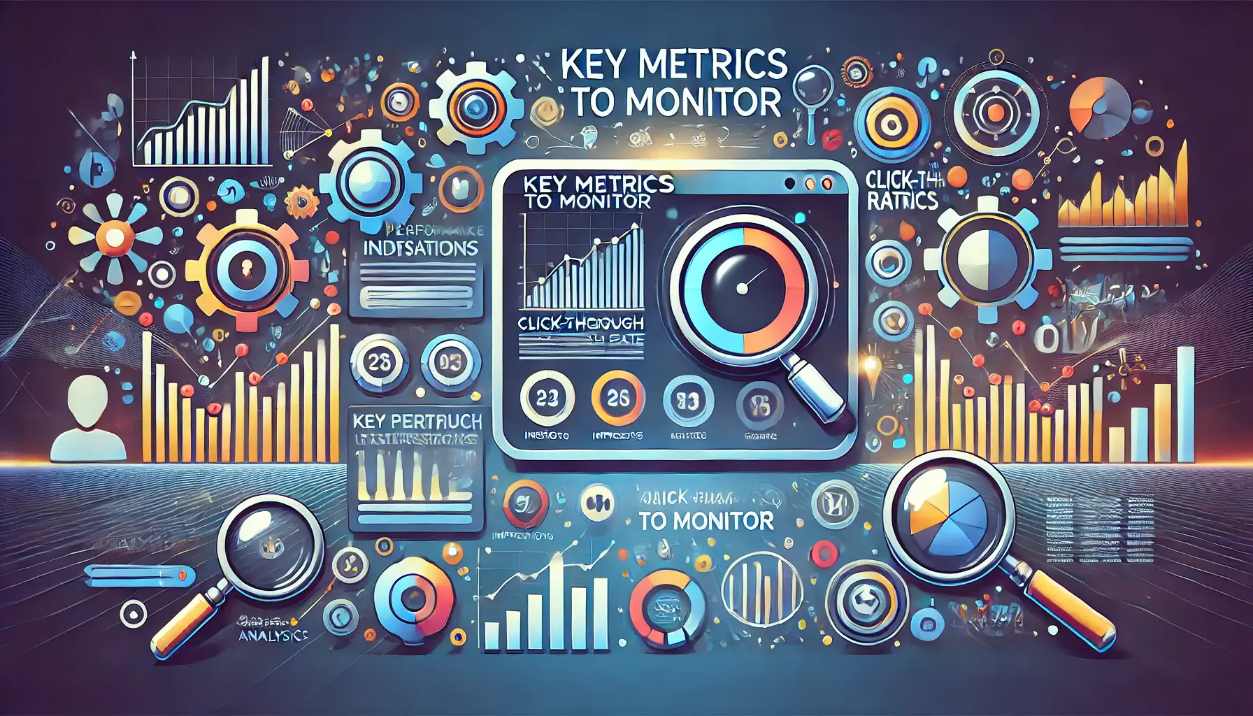 A digital dashboard showing key performance indicators like impressions, click-through rates, and engagement metrics, surrounded by analytics icons and graphs symbolizing precise monitoring.