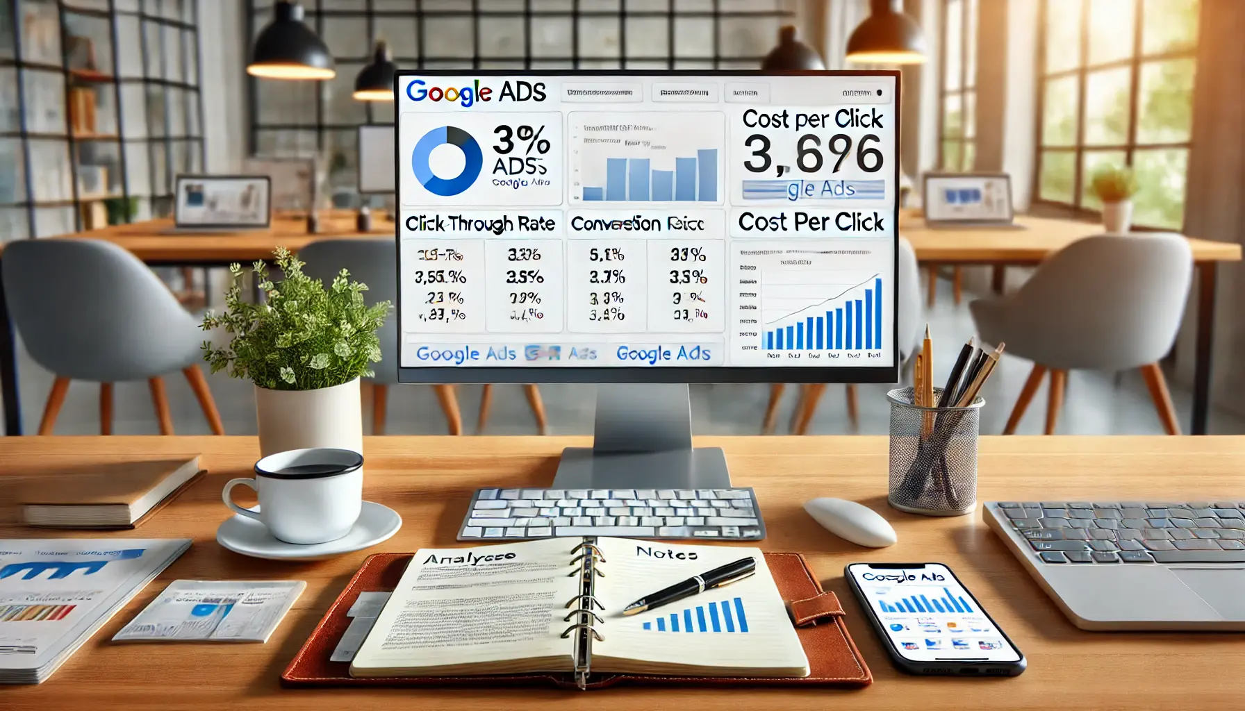 A professional workspace with a computer displaying Google Ads performance metrics such as click-through rate, conversion rate, cost per click, and return on investment. The desk includes a notebook with analysis notes, a pen, a smartphone, and a coffee cup, set in a bright office environment.