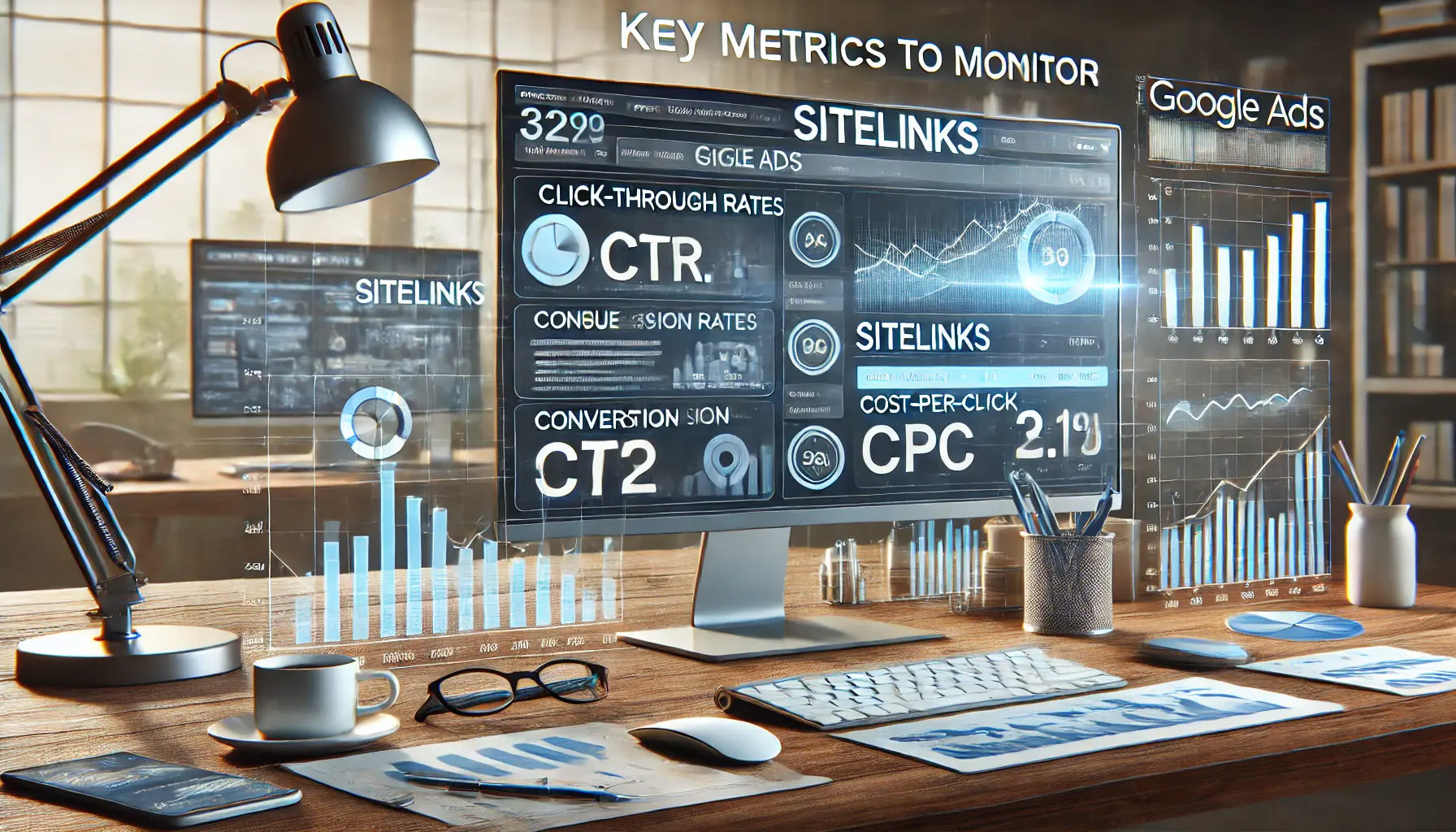 A Google Ads dashboard displaying key performance metrics like click-through rates, conversion rates, and cost-per-click for sitelinks.