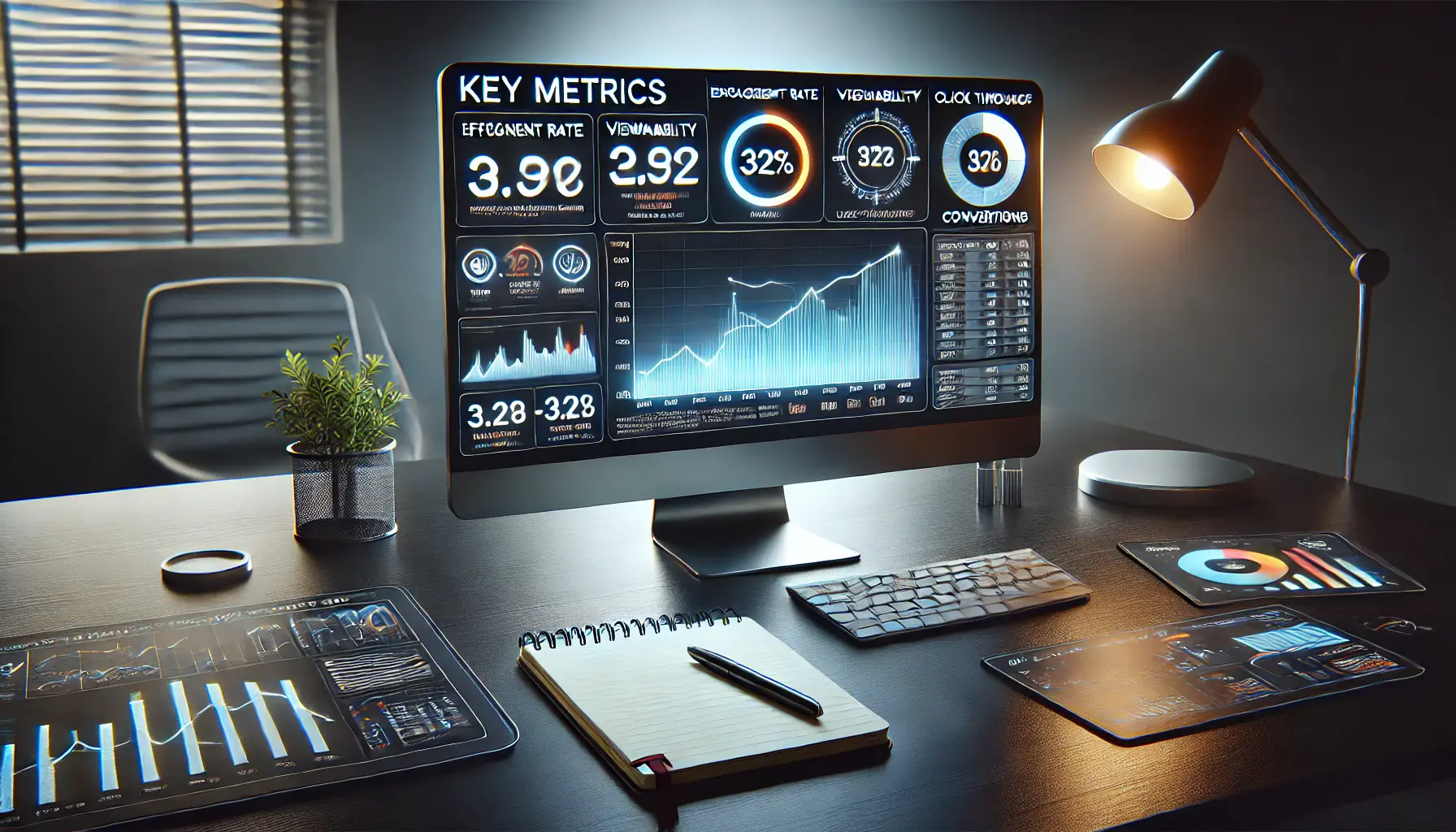 A desktop screen displaying an analytics dashboard with key ad metrics like engagement rate, viewability, click-through rate, and conversions.