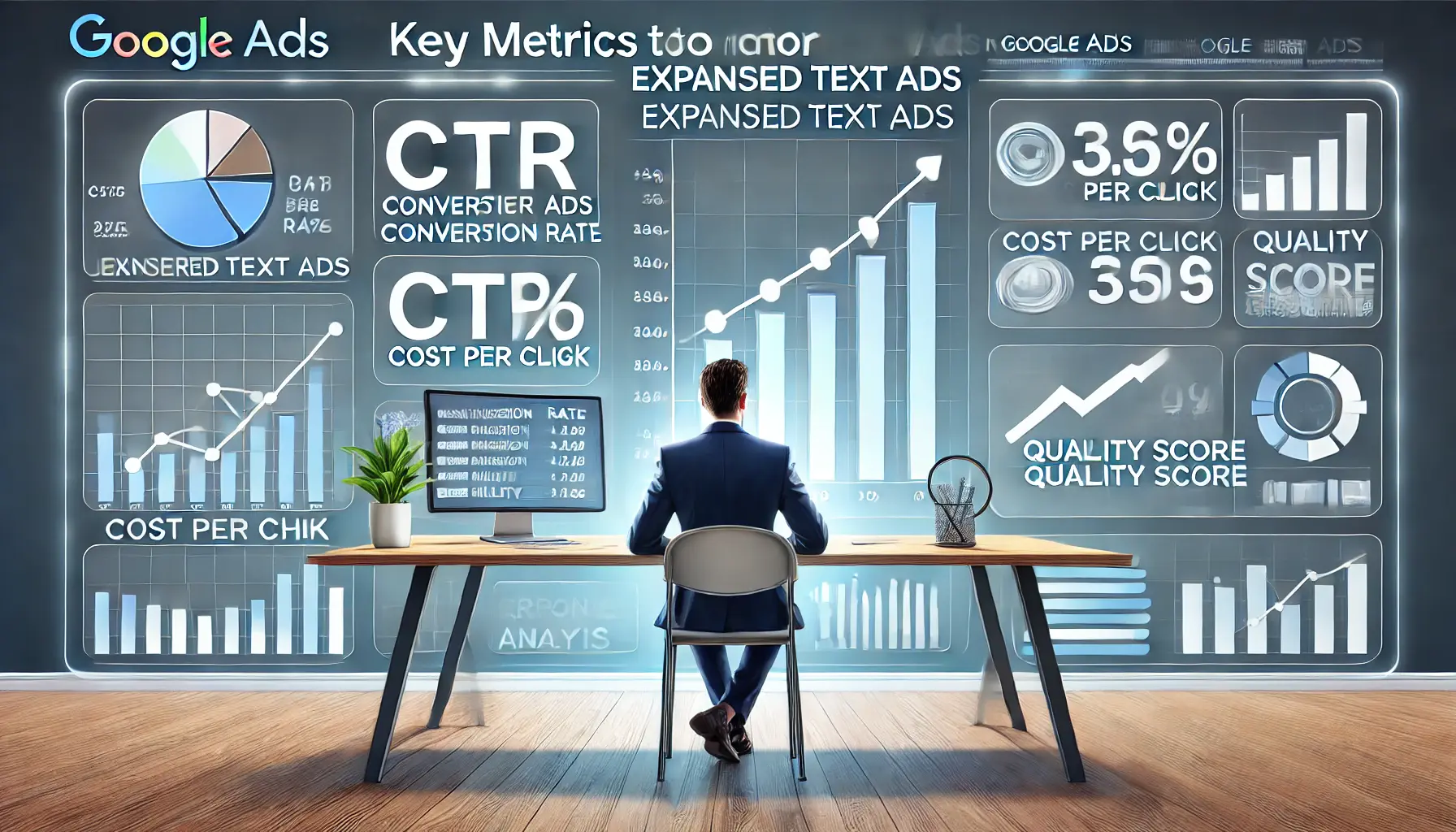 A marketer analyzing a performance dashboard displaying key metrics like CTR, Conversion Rate, and Quality Score, with data analysis icons.