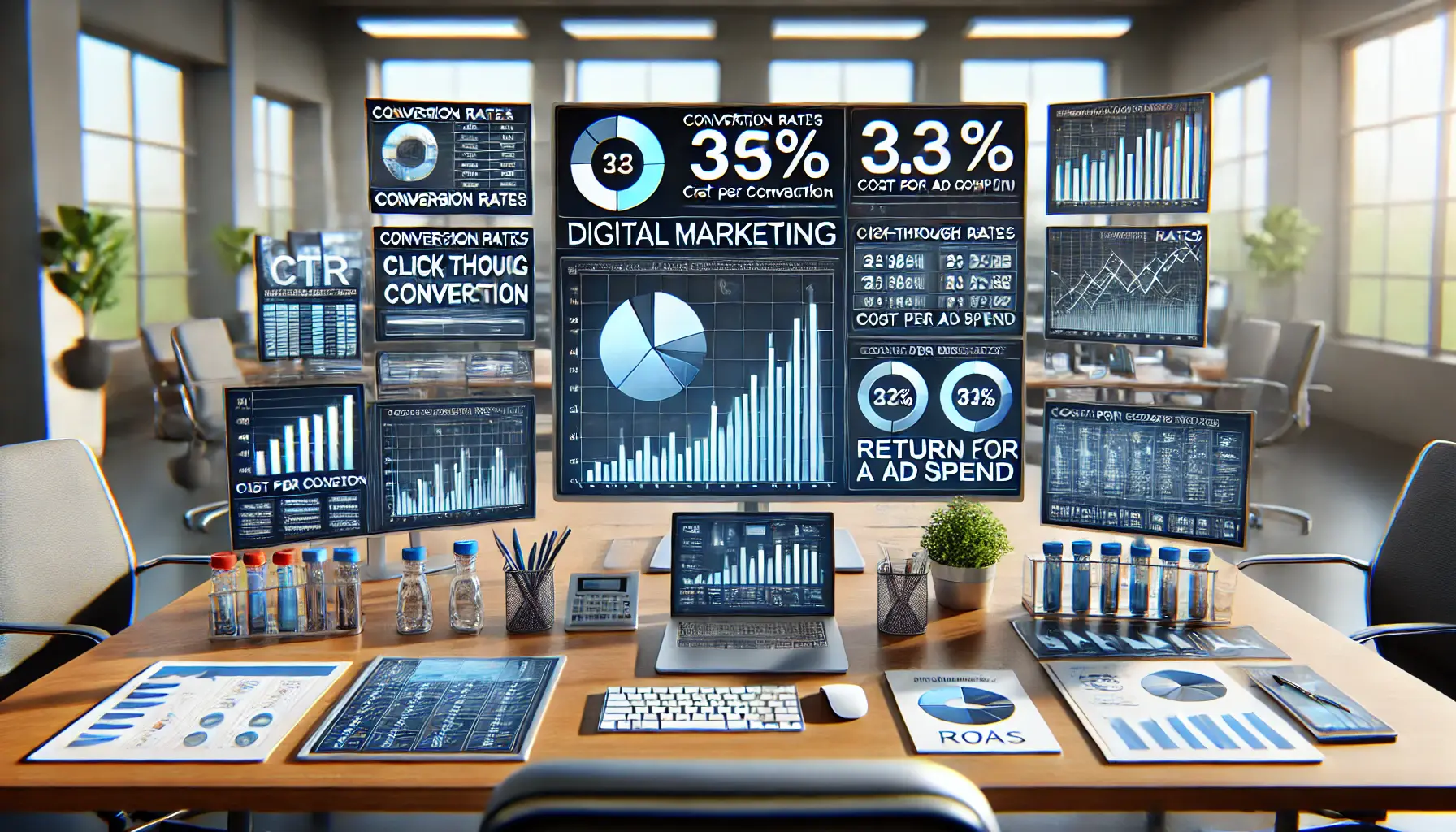 A digital marketing dashboard displaying various performance metrics like conversion rates, CTR, cost per conversion, and ROAS on multiple screens in a modern office setting.