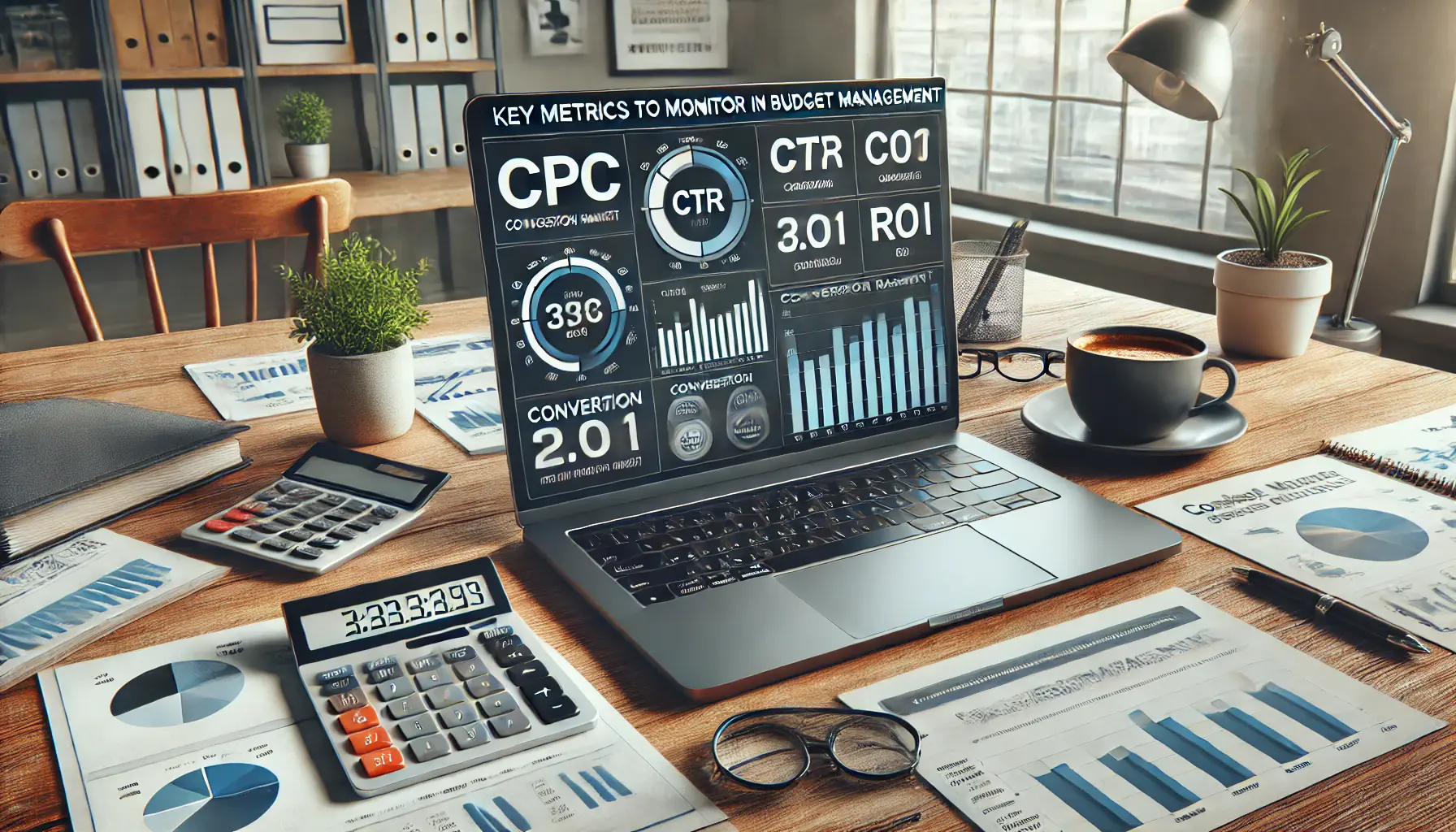 A workspace with a laptop displaying performance metrics such as CPC, CTR, conversion rates, and ROI, reflecting the monitoring of key metrics for budget management.