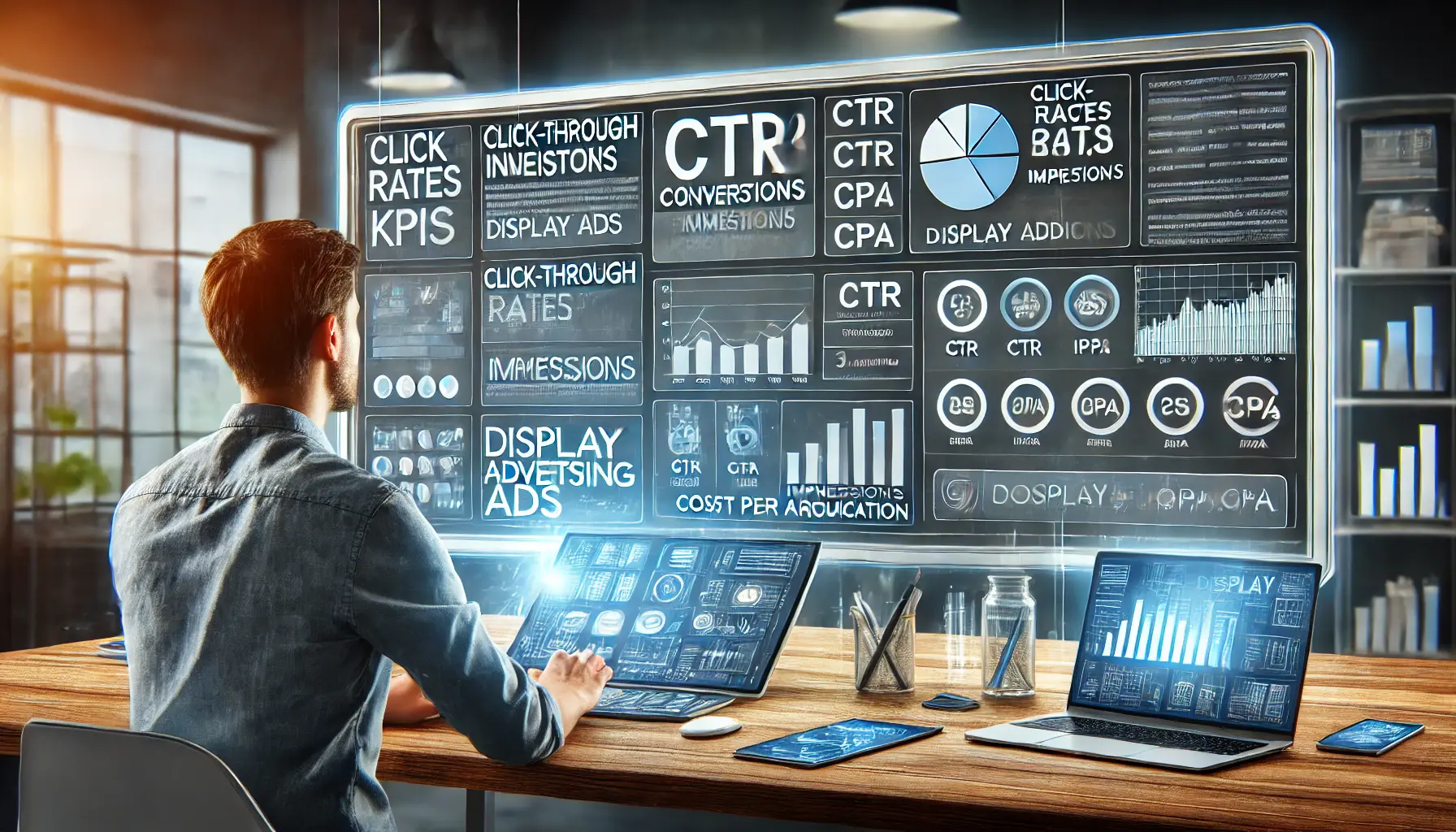 A digital marketing professional analyzing key performance metrics like click-through rates (CTR), conversion rates, and CPA on a large screen.