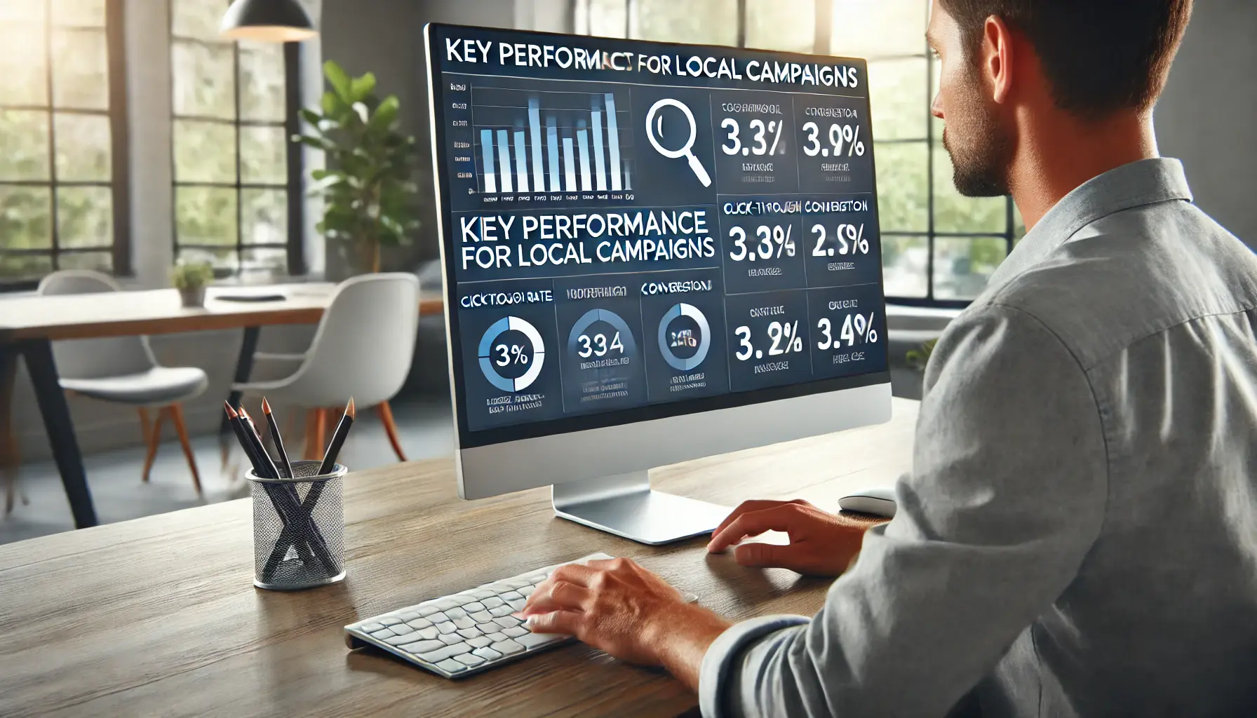 A digital marketer reviewing key performance metrics for local campaigns, with charts and graphs showing click-through rates and conversion rates on the computer screen.