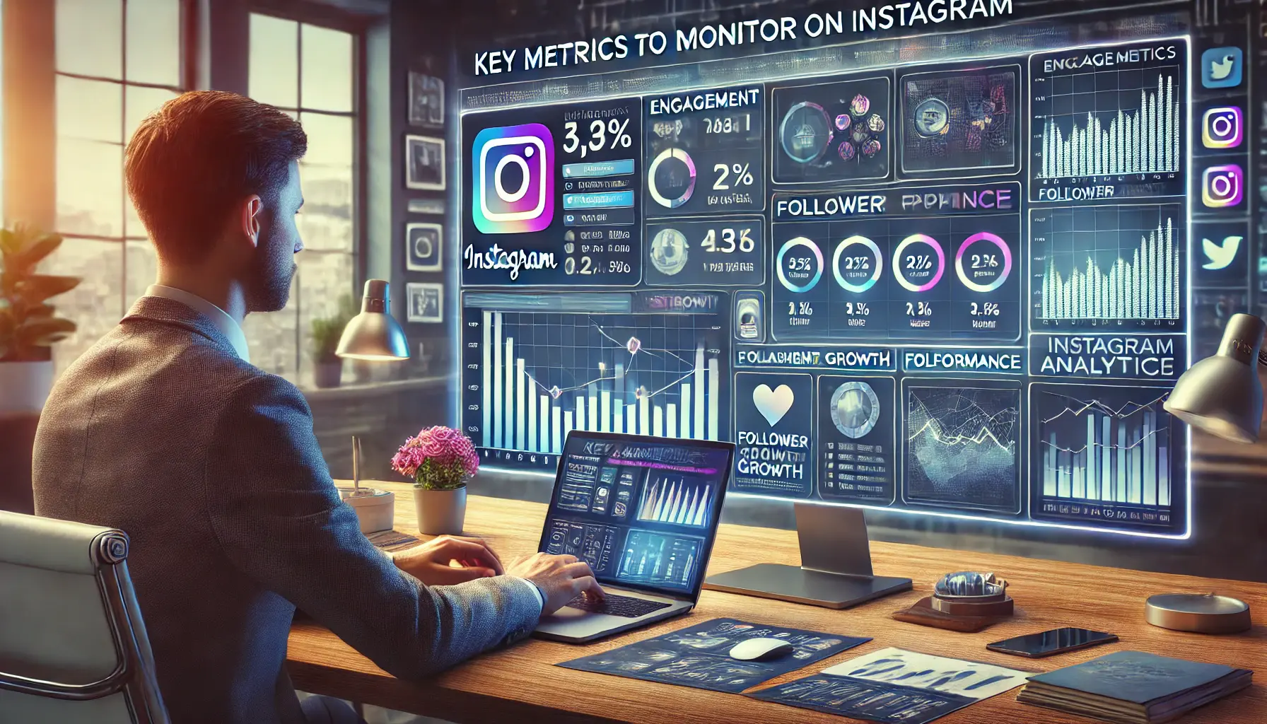 A social media manager analyzing Instagram analytics on a large digital screen displaying engagement metrics, follower growth, and post performance.