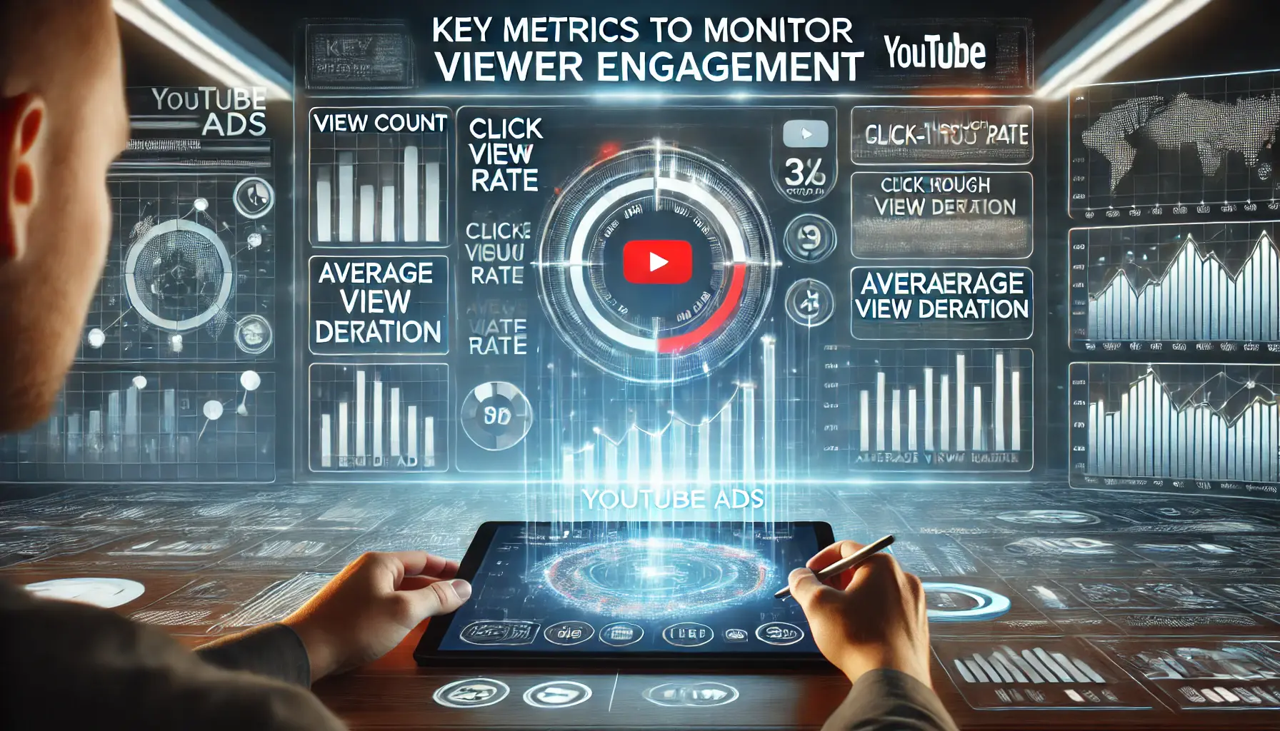 A digital dashboard displaying engagement metrics like view count, click-through rate, and average view duration, with a person analyzing the data.