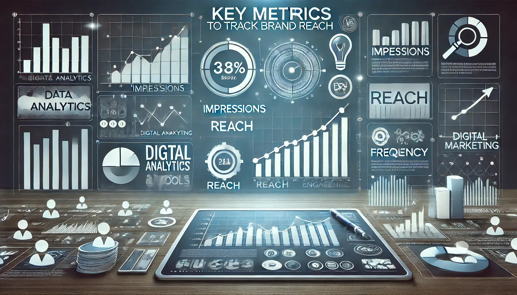 Digital dashboard displaying analytical graphs and indicators for tracking metrics like impressions, reach, frequency, and engagement rates.