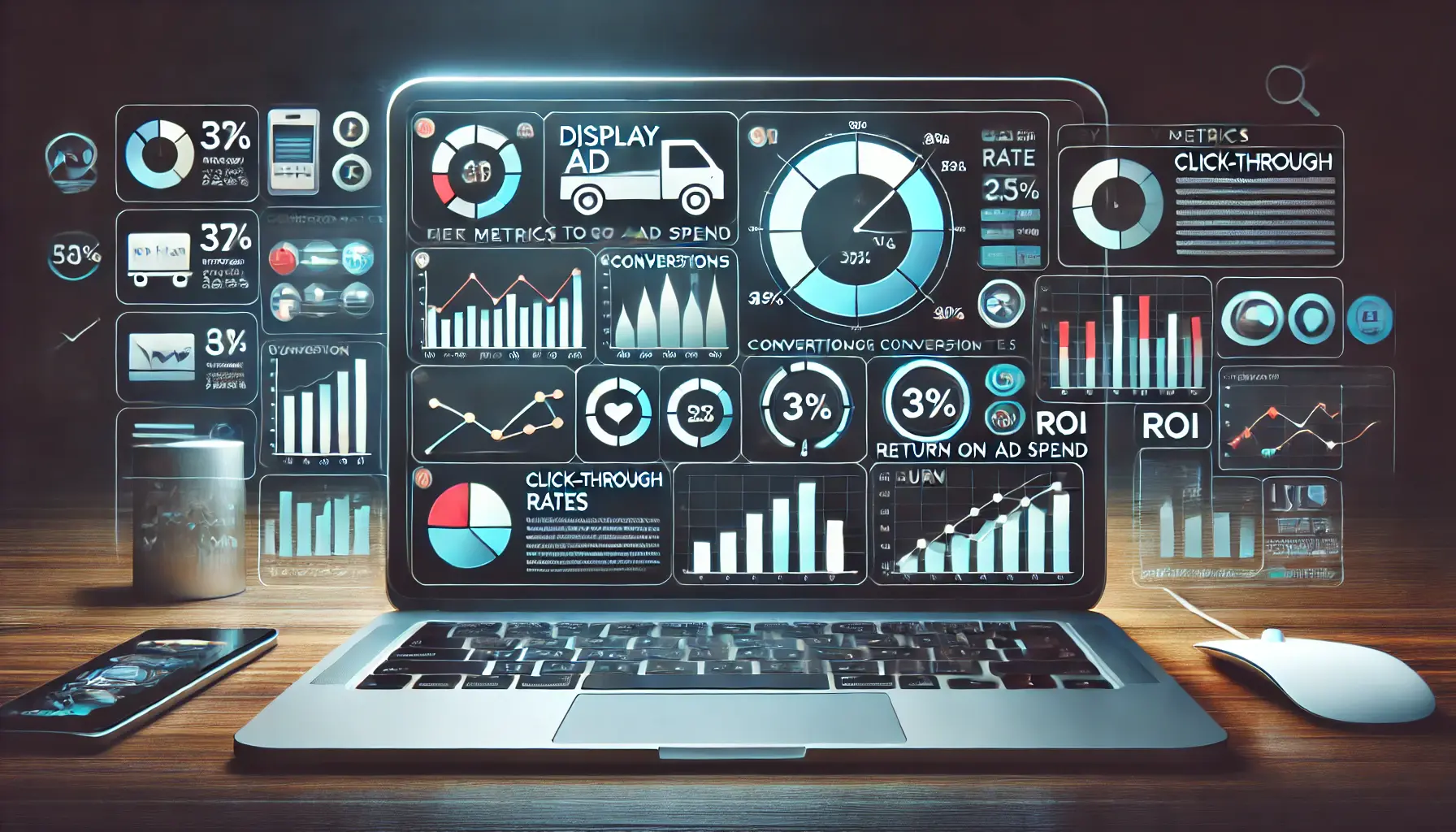 A digital dashboard displaying key metrics for display ad campaigns, including charts for click-through rates, conversions, and ROI.