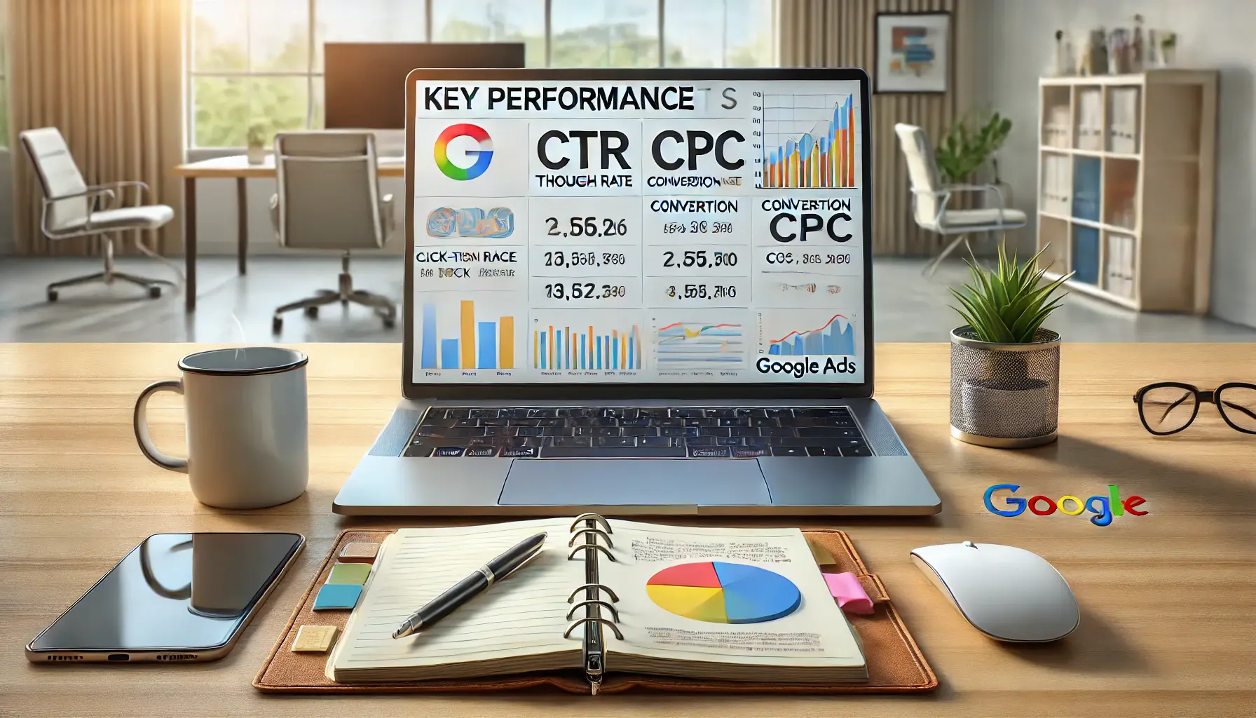 A laptop displaying key Google Ads metrics like CTR, conversion rate, and CPC, with colorful graphs and charts, set on a desk with a notebook, coffee mug, and tablet.