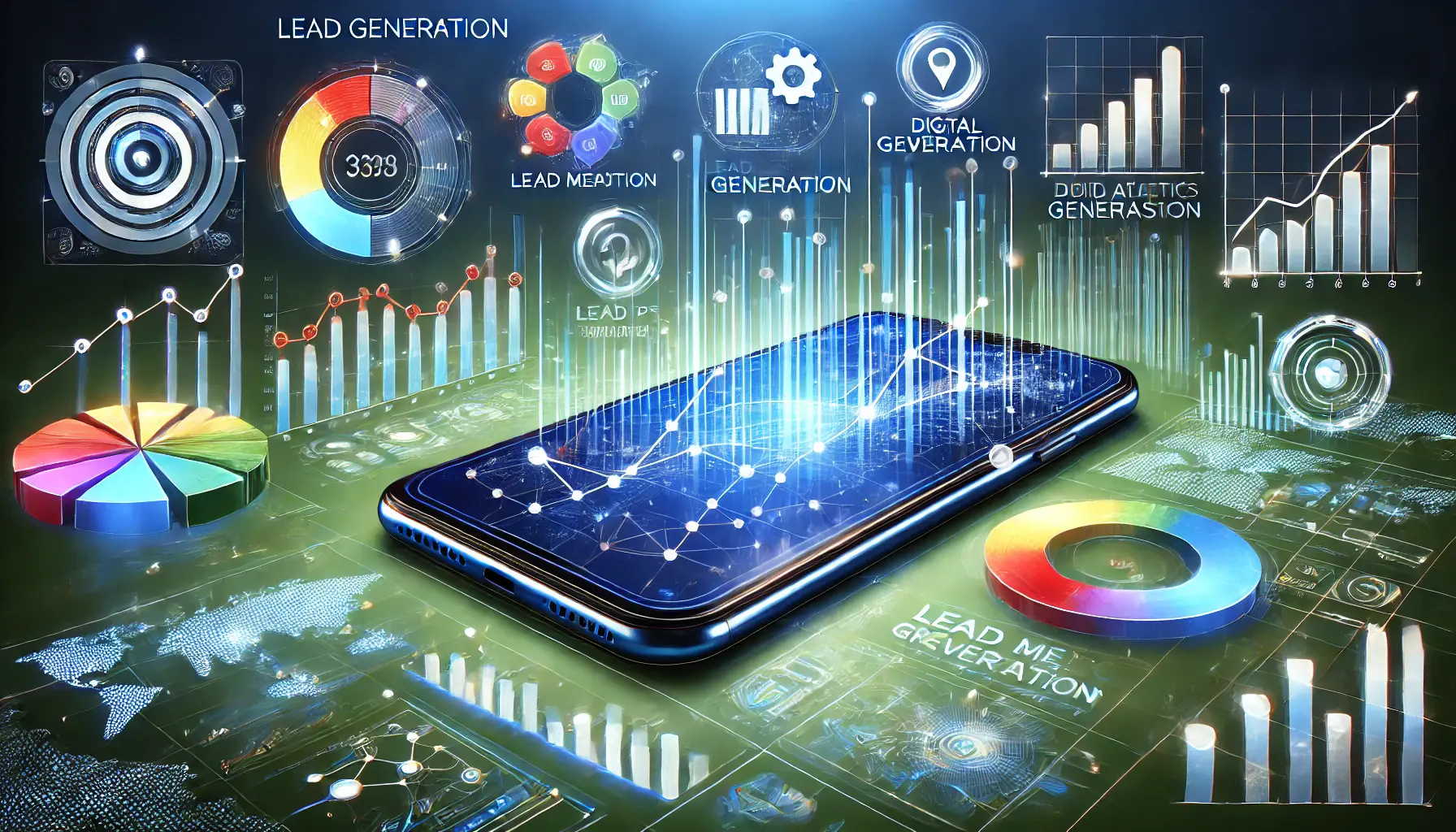 An abstract image showing key metrics for lead generation in app advertising, featuring charts, graphs, and digital analytics icons around a mobile device.