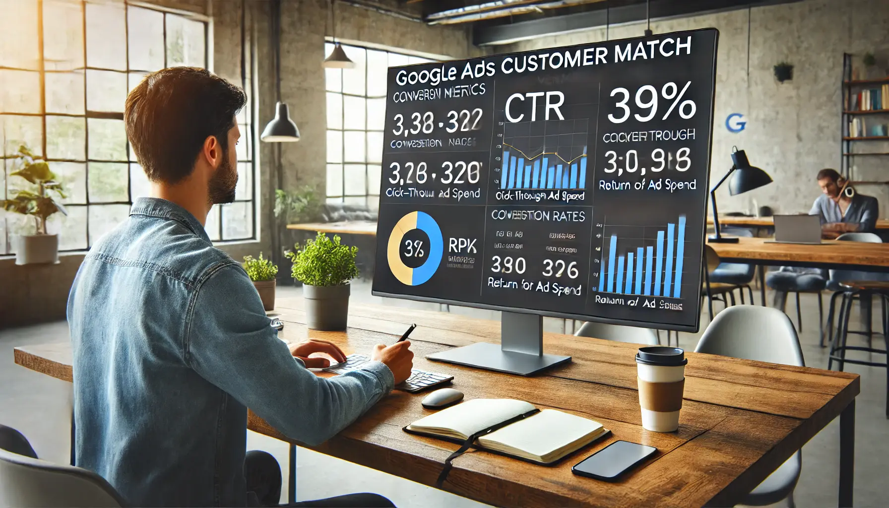 A digital marketer analyzing key performance metrics for a Google Ads Customer Match campaign, with conversion rates, CTR, and ROAS displayed on the screen.