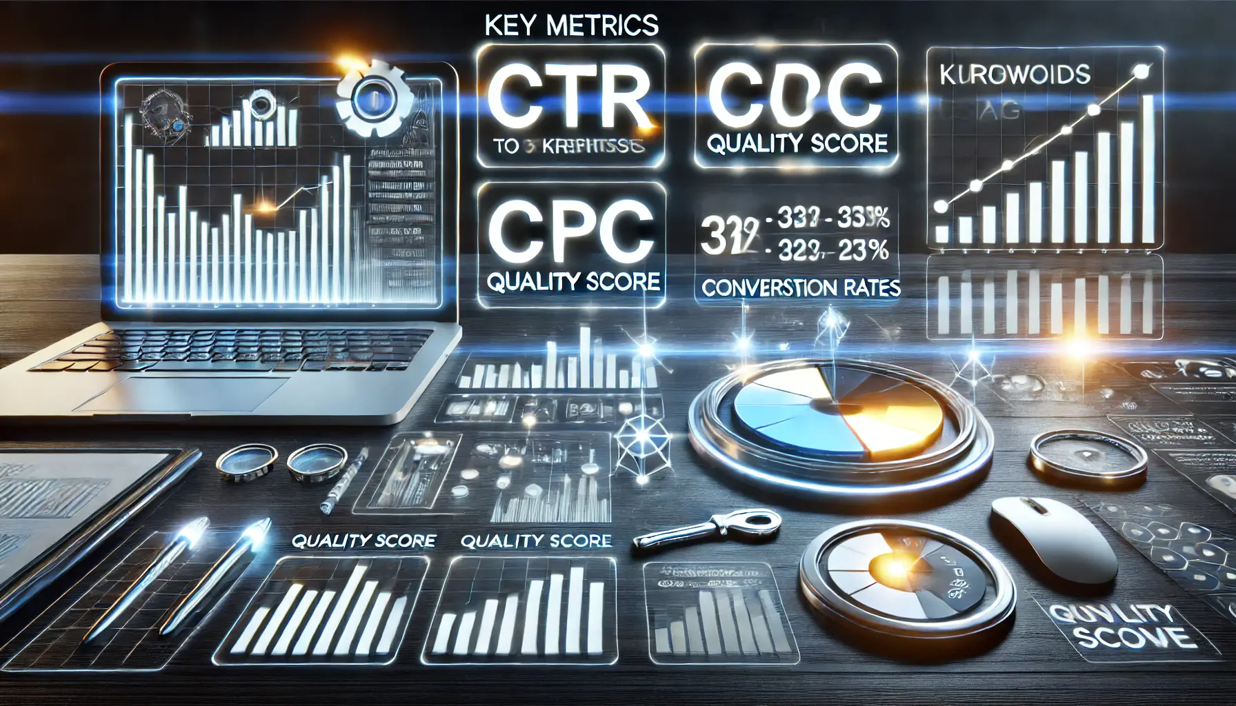 Illustration of performance dashboards displaying key metrics like CTR, CPC, Quality Score, and Conversion Rates in a futuristic workspace.