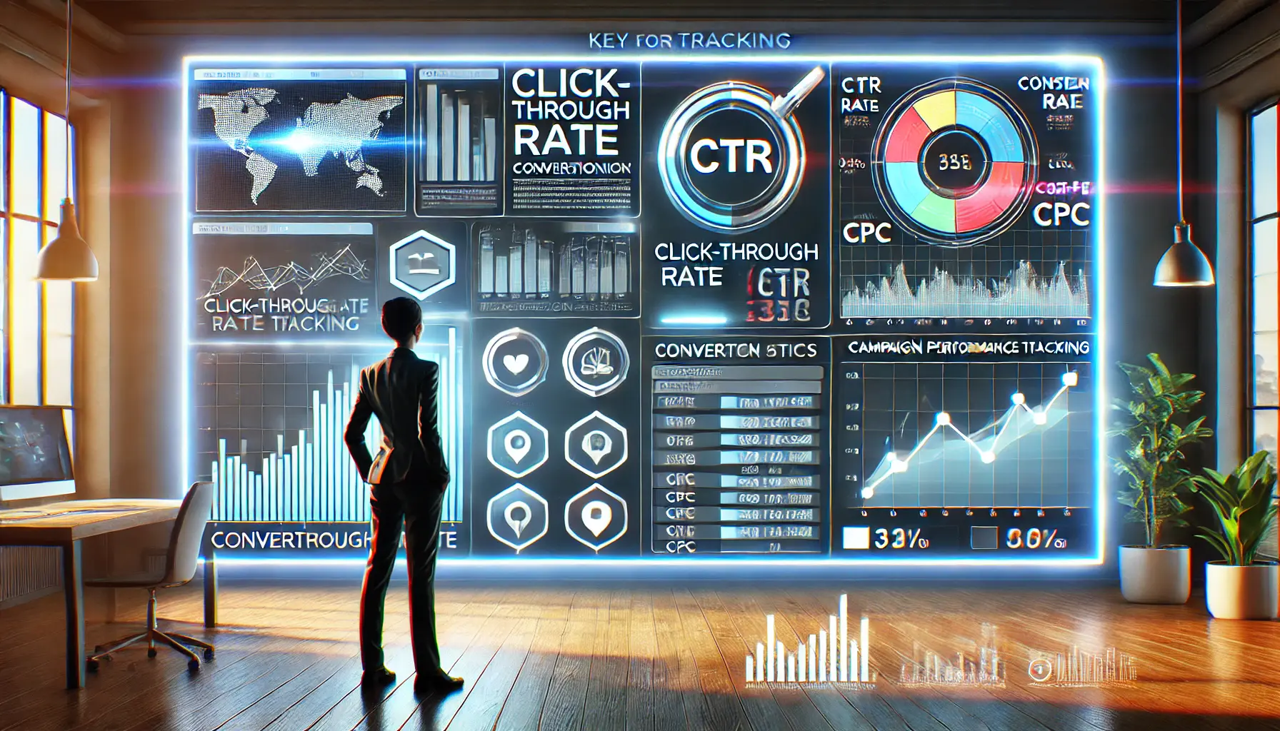 A marketer analyzing a digital analytics dashboard displaying campaign metrics like CTR, conversion rate, and CPC with charts and graphs.