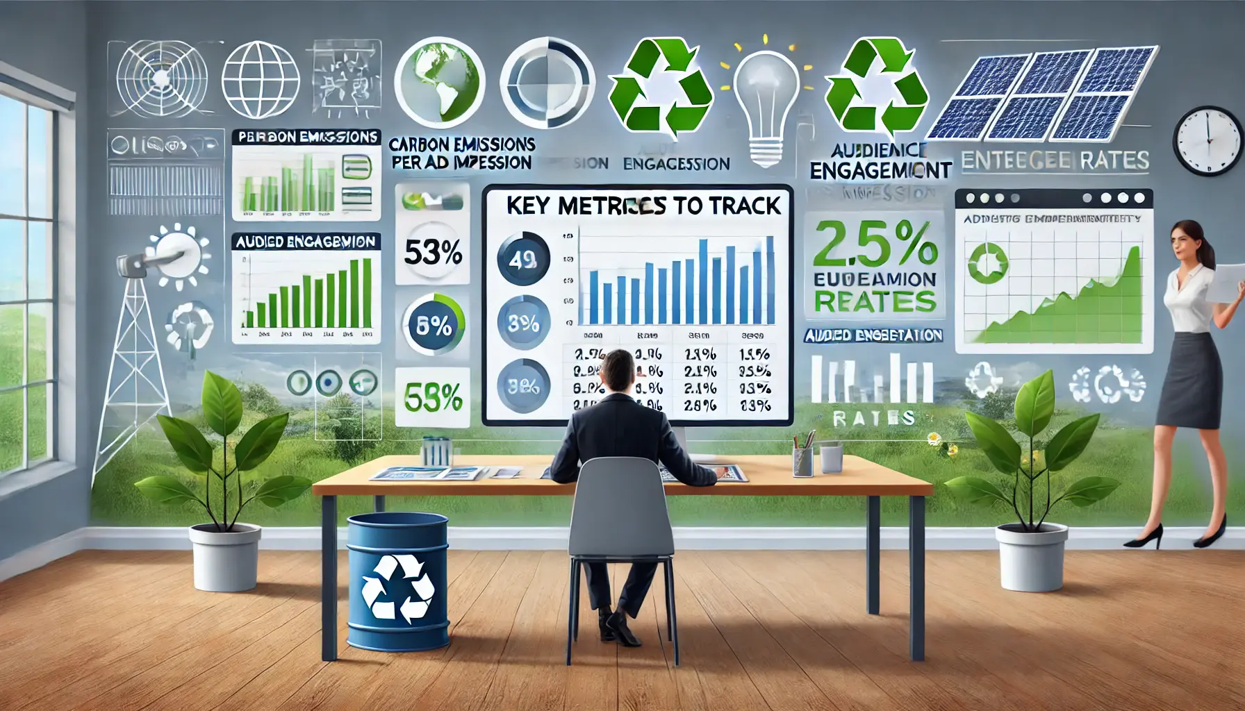 A digital workspace with a person analyzing charts and graphs representing key metrics like carbon emissions, audience engagement, and ad completion rates, surrounded by eco-friendly symbols.