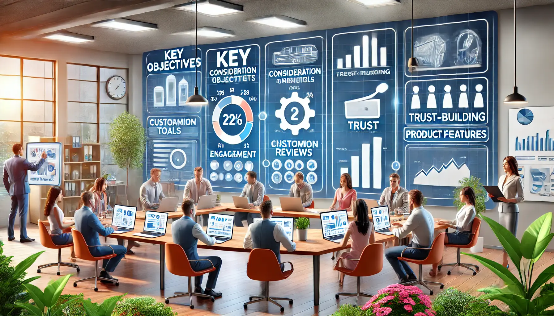 Digital marketing dashboard displaying various metrics and trust-building tools in a modern workspace.