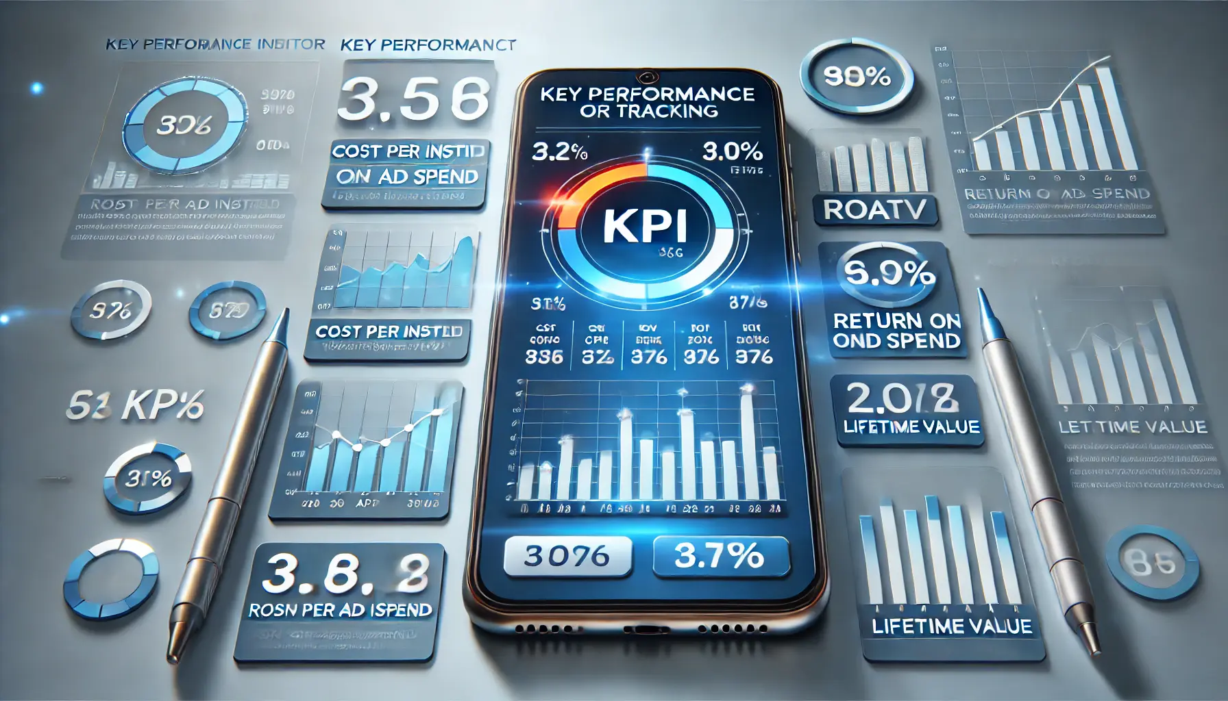 An image showing a smartphone with a dashboard displaying Key Performance Indicators (KPIs) such as CPI, ROAS, and LTV, along with graphs and metrics.