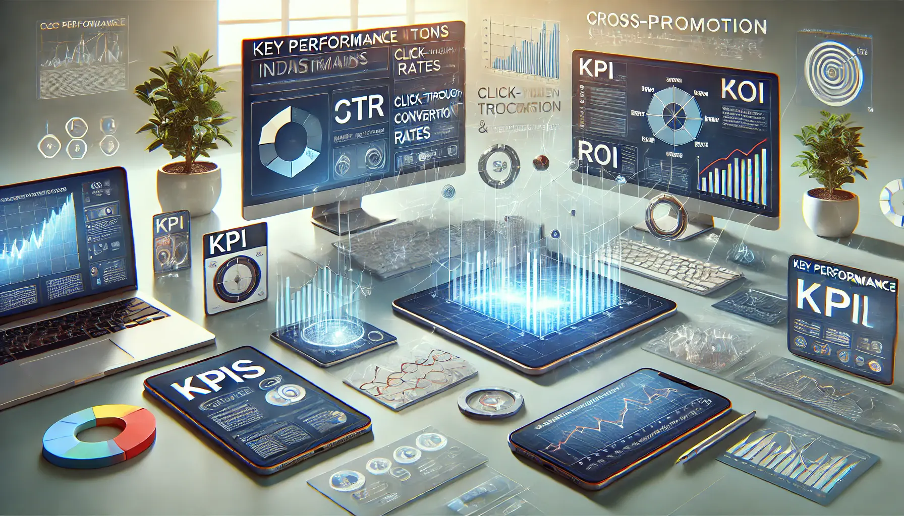 An illustration showing digital tools like charts, graphs, and KPI dashboards representing key performance indicators for cross-promotion.