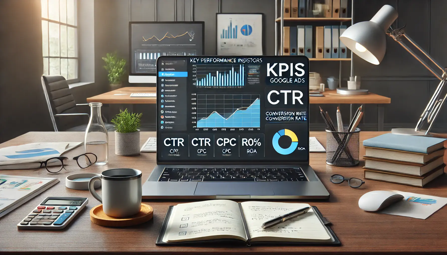 A laptop displaying a dashboard with graphs and charts showing metrics like CTR, CPC, Conversion Rate, and ROAS, accompanied by a tablet, coffee cup, and notebook on a modern desk.