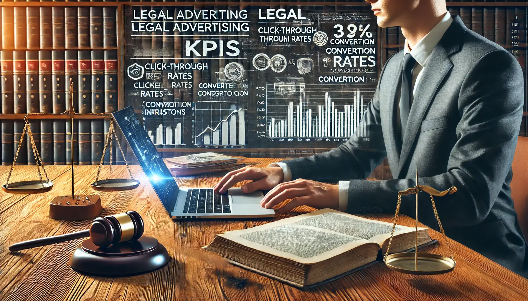 Illustration of a lawyer reviewing KPIs for legal advertising on a laptop, with law books and a gavel in the background.