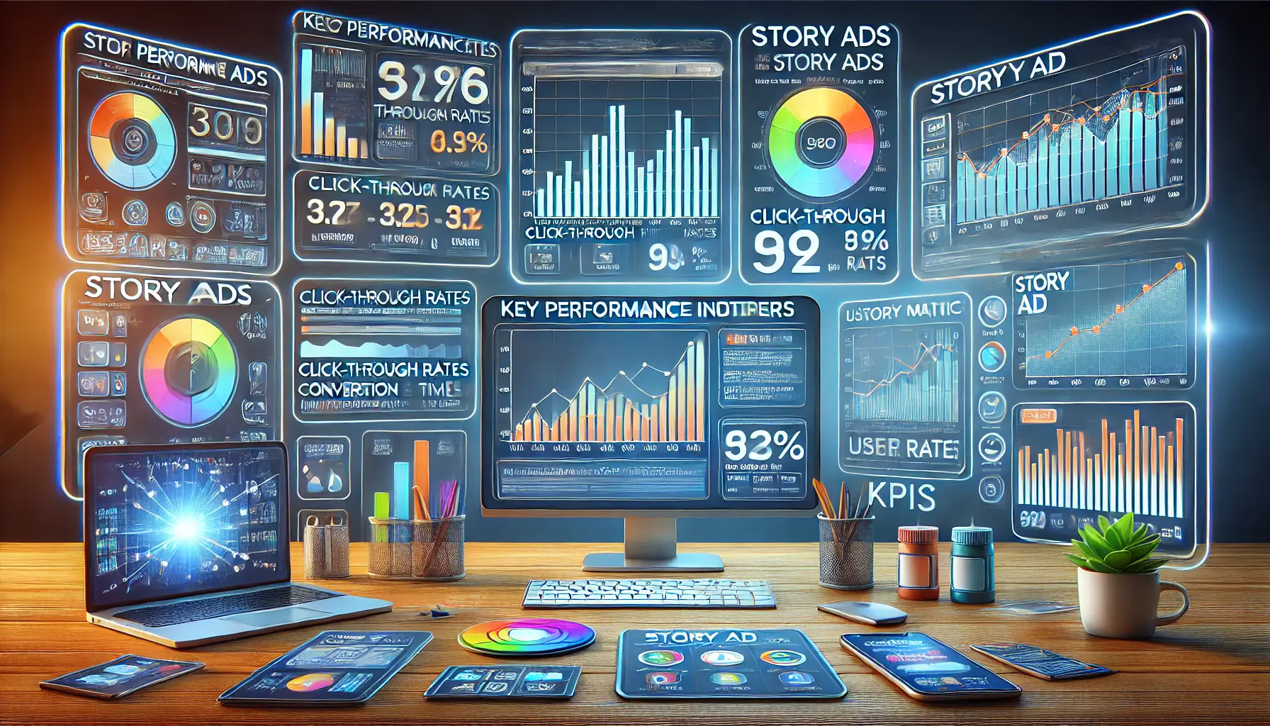 A digital workspace with multiple screens showing KPIs for story ads, such as click-through rates, conversion rates, and user engagement metrics.