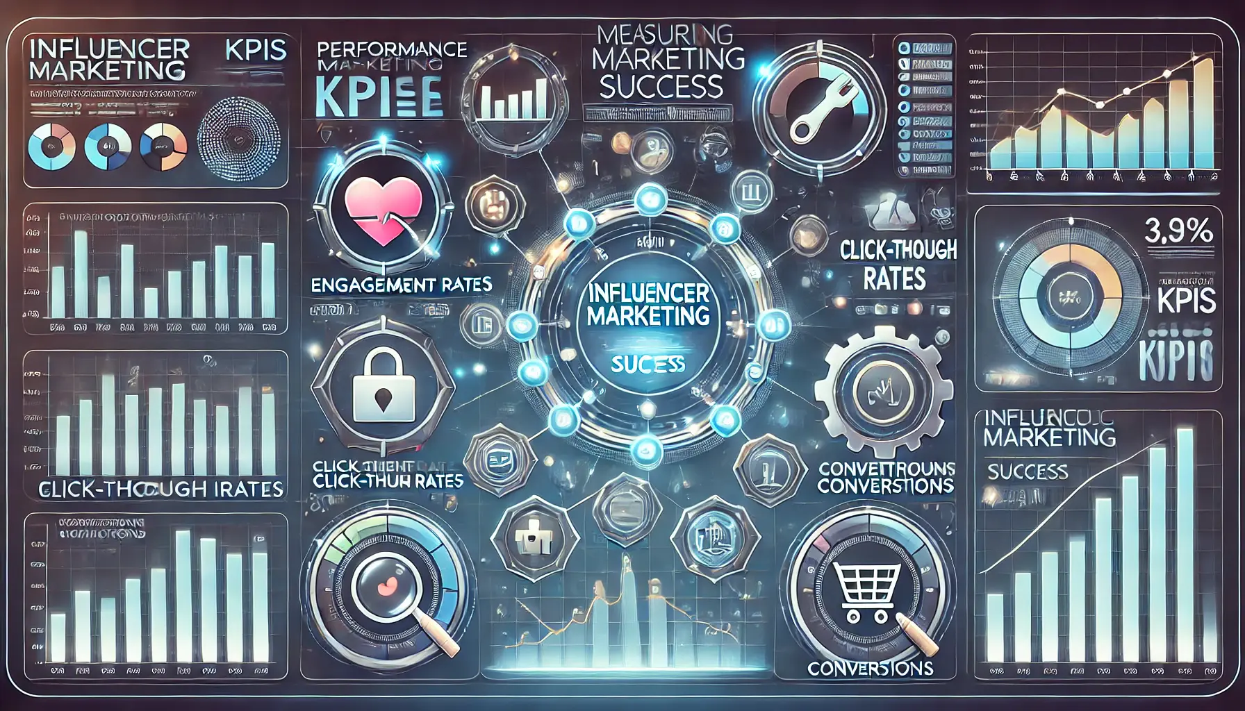 An illustration showing a digital dashboard with various charts, graphs, and icons representing KPIs like engagement rates, click-through rates, and conversions.