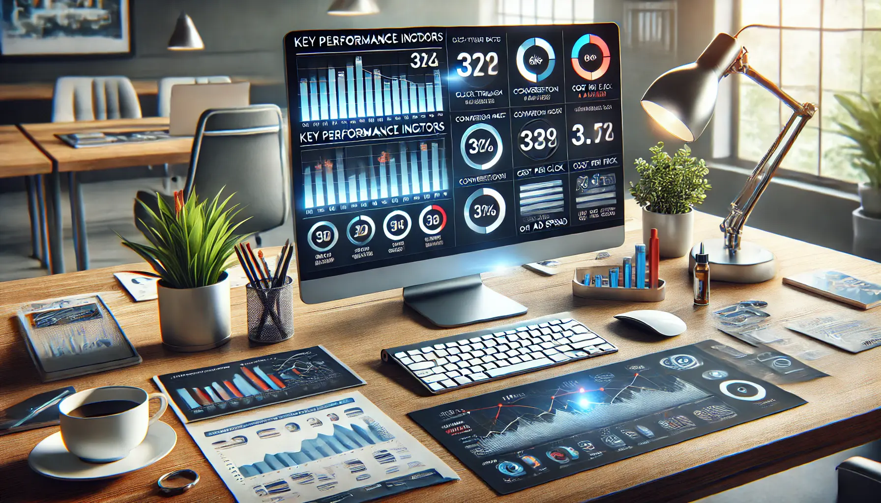 Illustration of a workspace with a computer screen displaying an analytics dashboard showing KPIs like click-through rates, conversion rates, and cost per click.