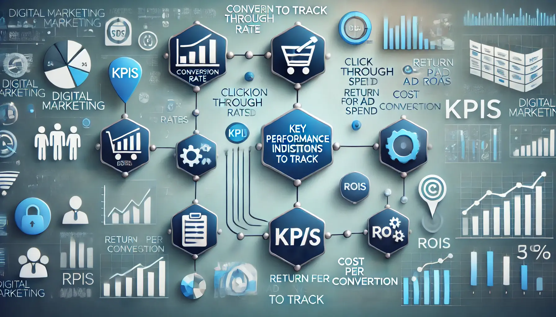 Image representing key performance indicators (KPIs) with icons for conversion rates, click-through rates, ROAS, and cost per conversion.