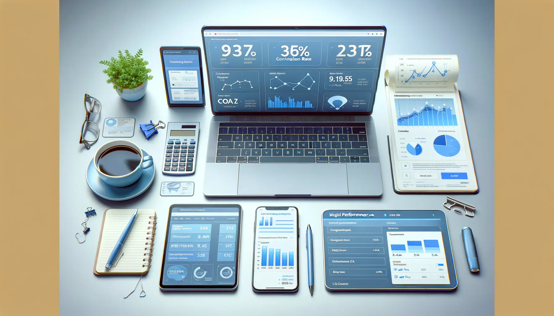 A professional digital marketing workspace showing a laptop displaying various KPIs like conversion rates, ROAS, and CPA, along with a tablet and smartphone displaying performance metrics.