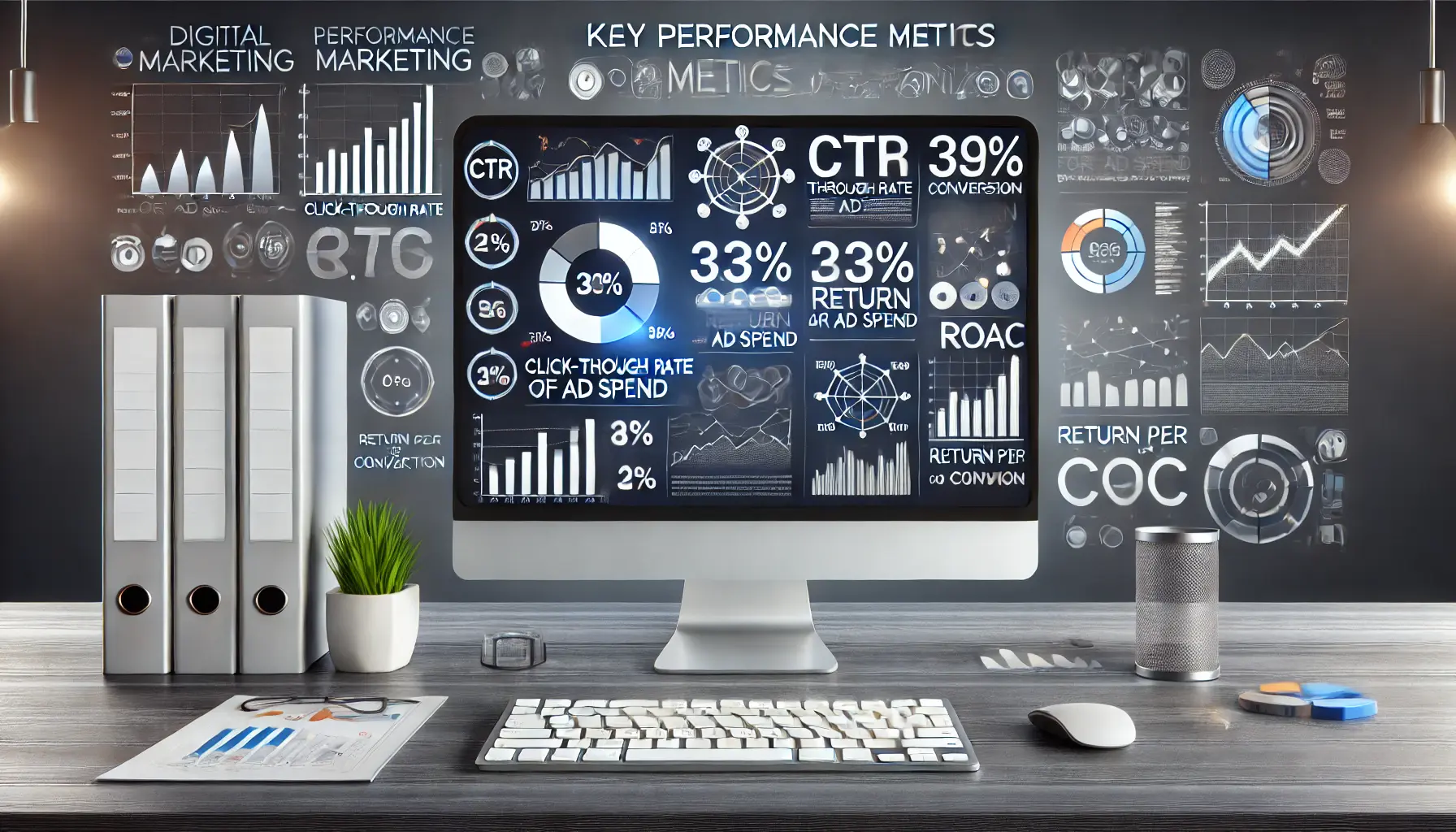 A digital marketing workspace with a computer displaying key performance metrics like CTR, conversion rate, ROAS, and CPC on graphs and charts.