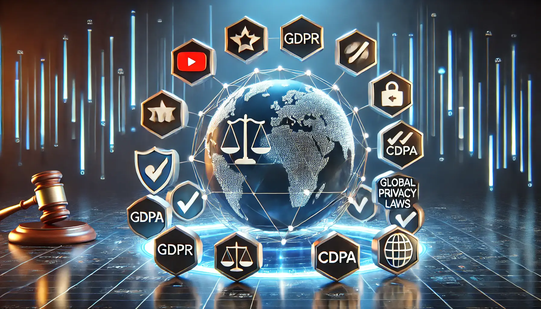 A digital globe surrounded by legal symbols such as scales of justice, GDPR and CCPA shields, and compliance checkmarks, connected by glowing data streams.