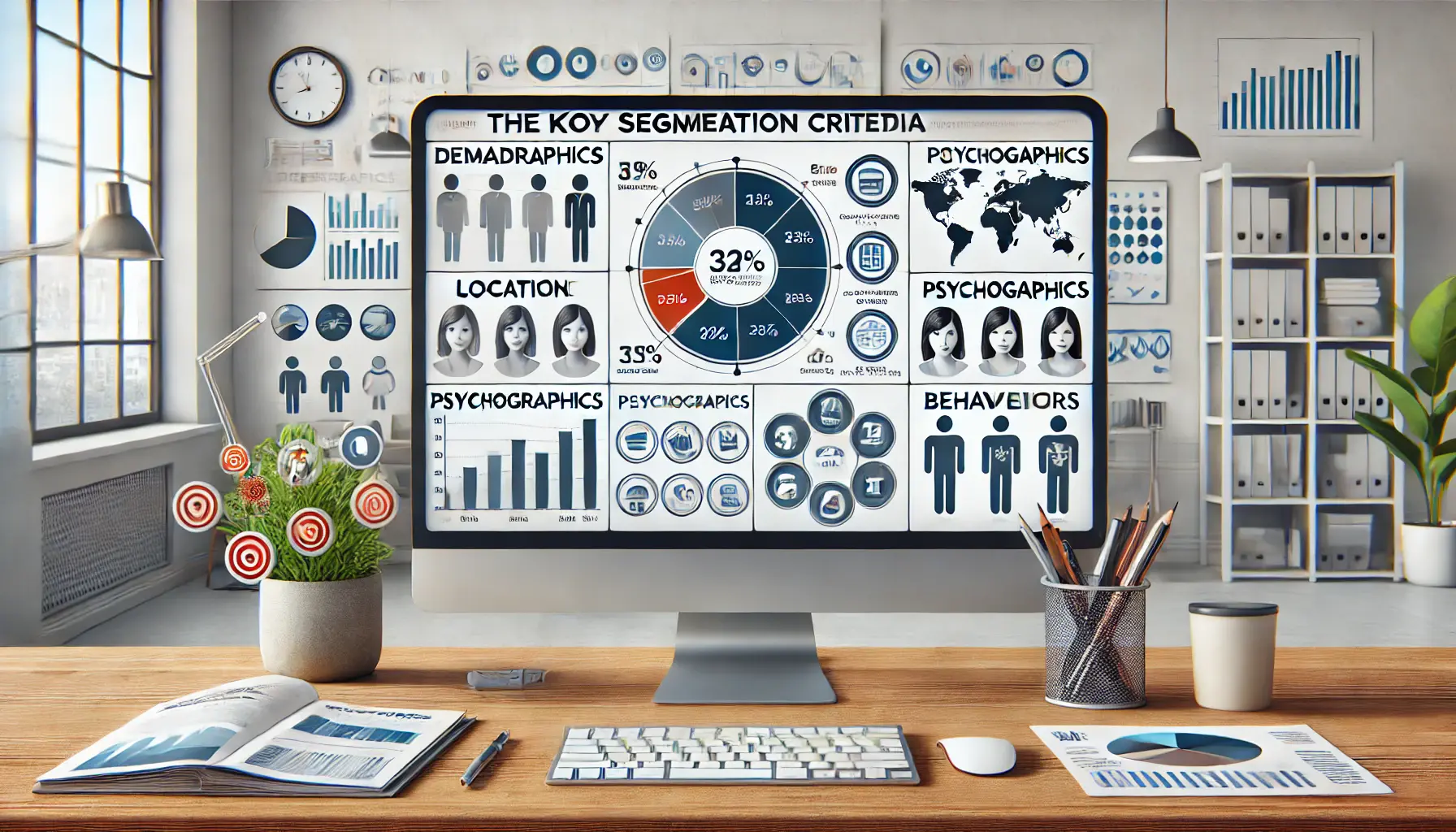 A digital workspace showing audience segmentation based on demographics, location, psychographics, and behaviors