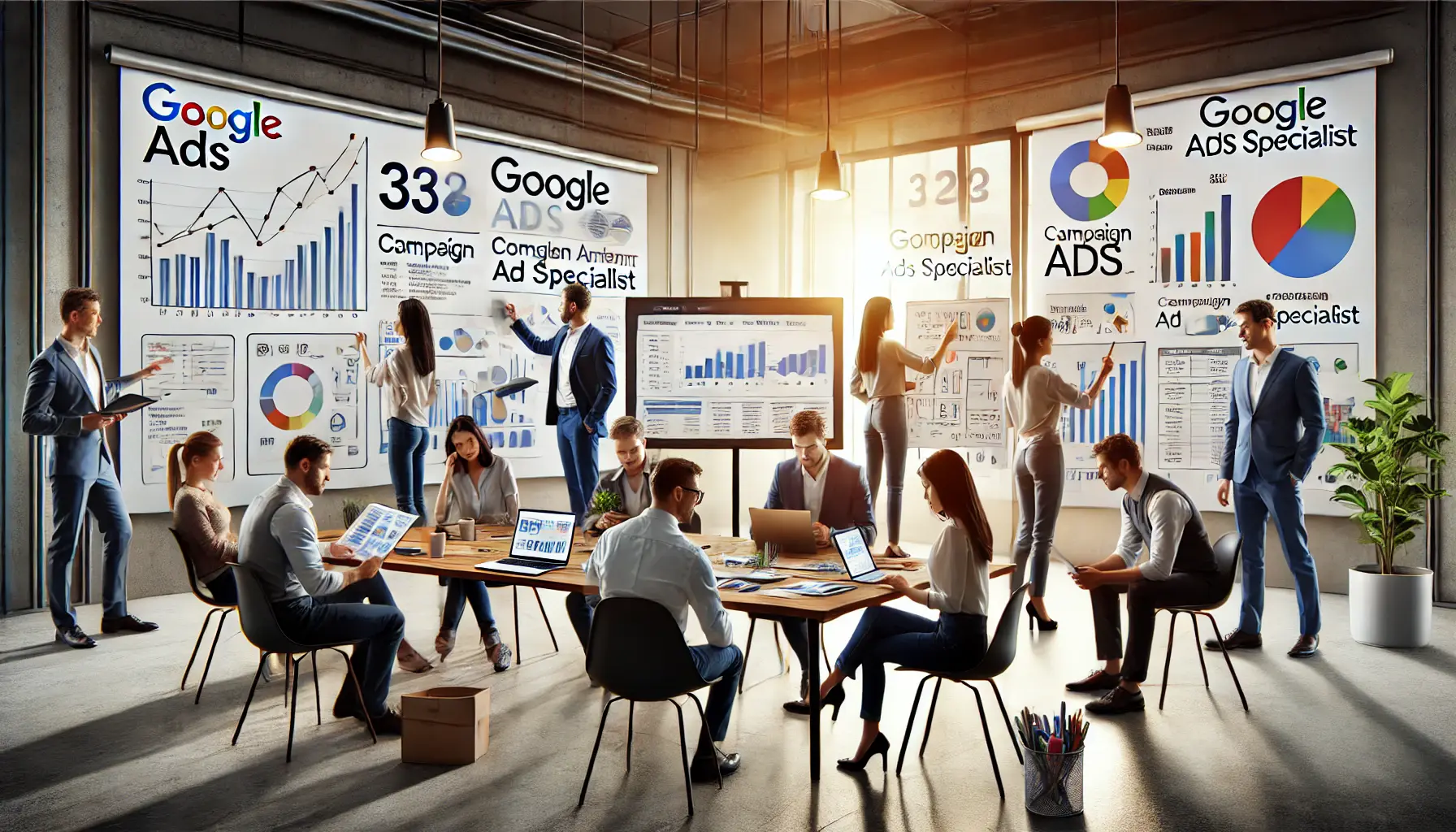 A modern office setting with a diverse team collaborating, analyzing data charts, and brainstorming strategies for digital advertising success.