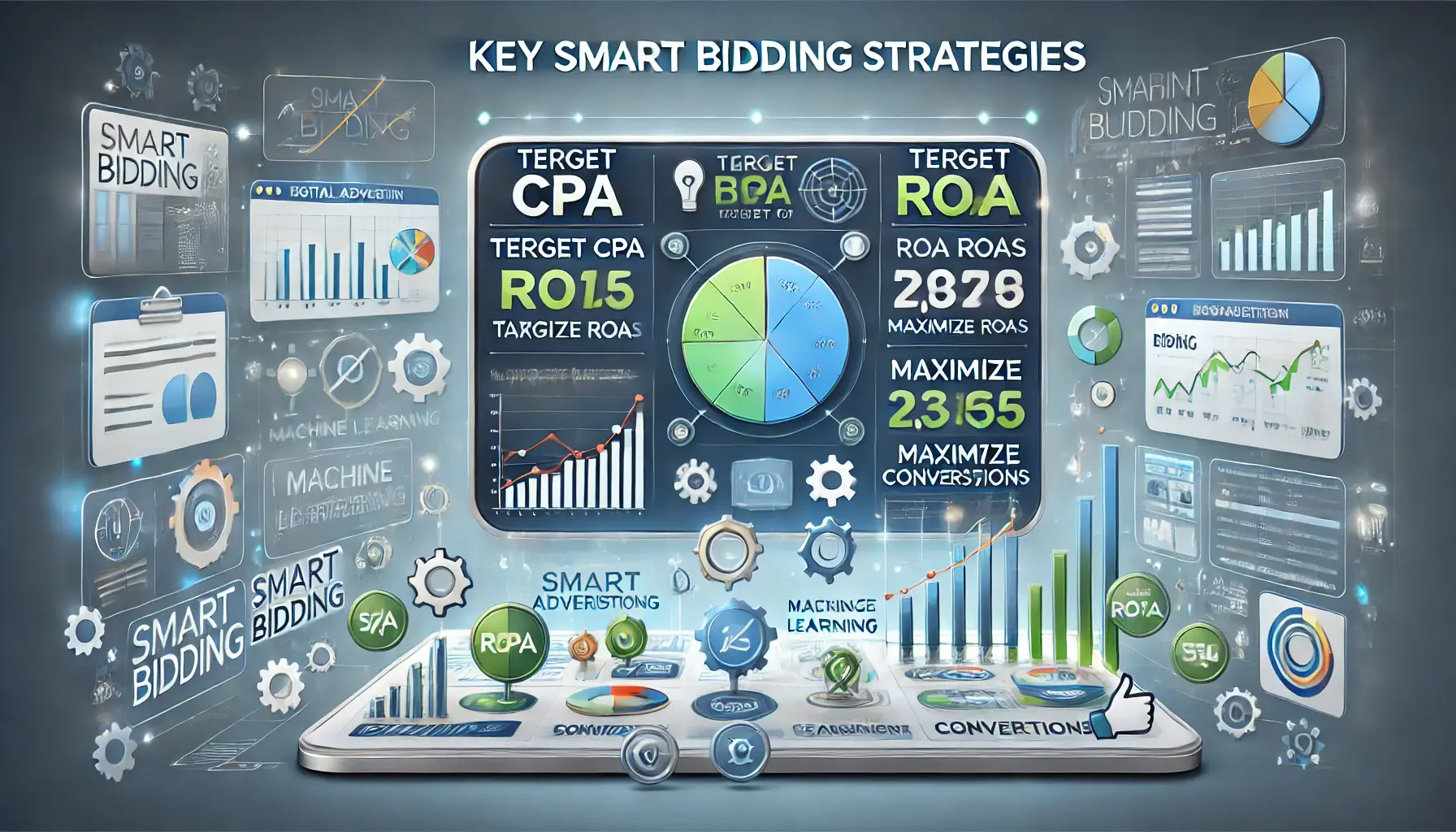 Digital platform displaying multiple smart bidding strategies such as target CPA, target ROAS, and maximize conversions, with performance data and real-time adjustments.