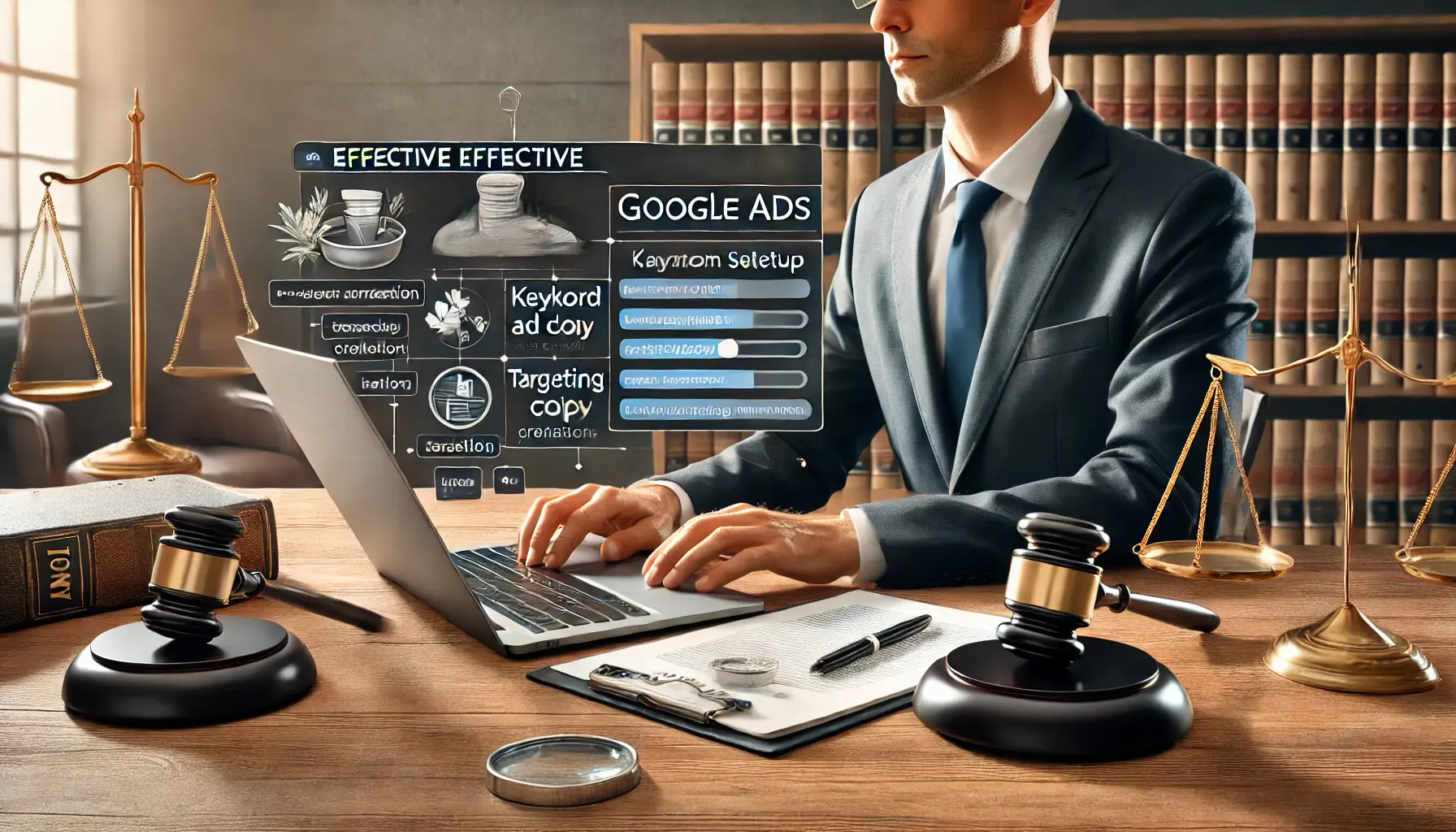 Illustration of a lawyer reviewing a digital marketing plan on a laptop to launch an effective Google Ads campaign, with legal elements in the background.