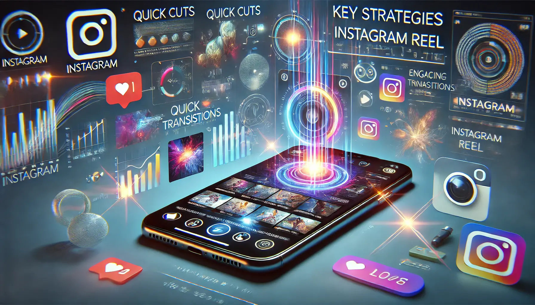 An image showing a smartphone displaying a high-quality Instagram Reel with dynamic visuals, quick cuts, and creative effects, surrounded by engagement icons.