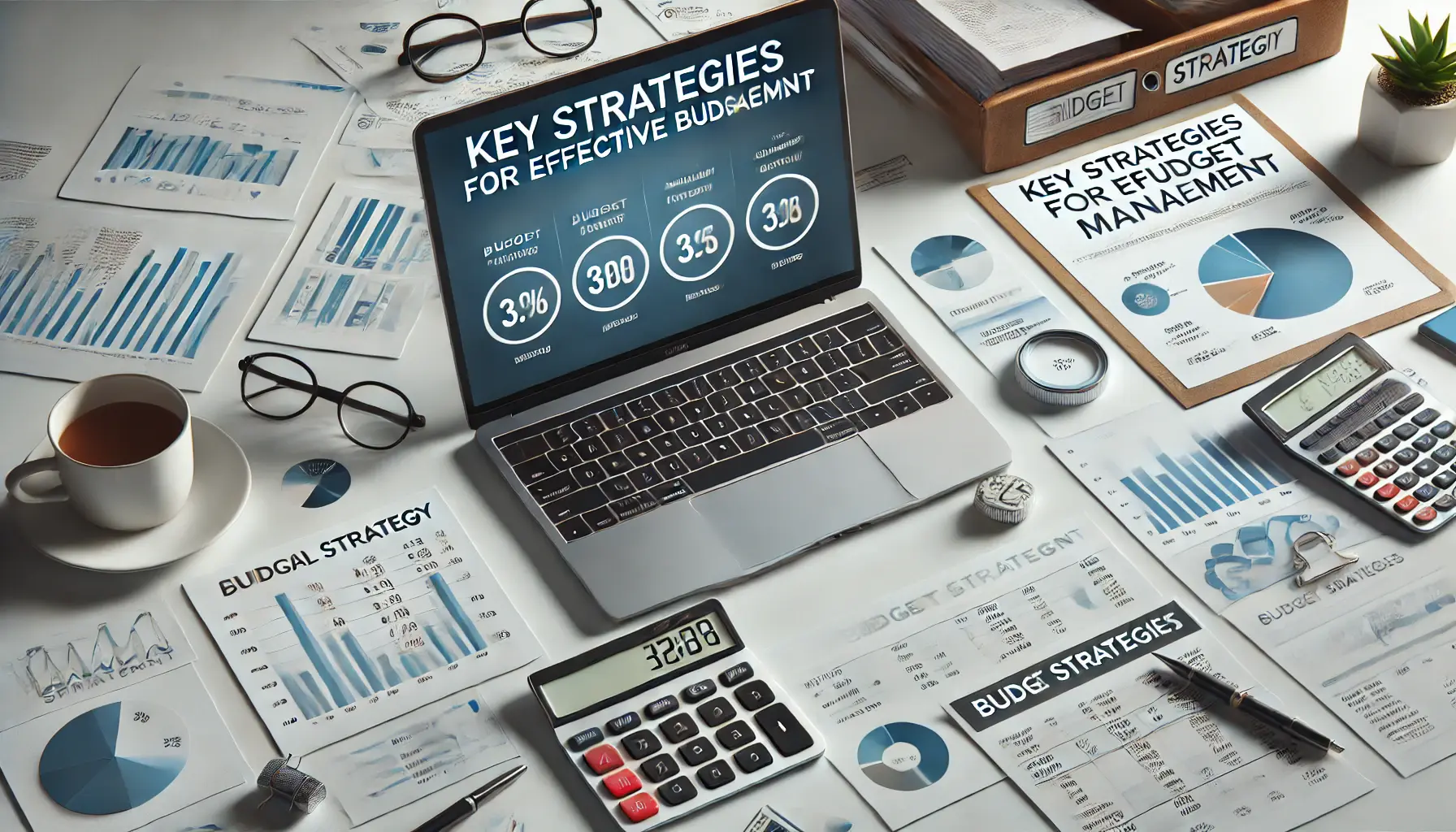 A modern workspace with a laptop displaying a financial strategy plan, highlighting budget allocation and performance metrics for effective budget management.