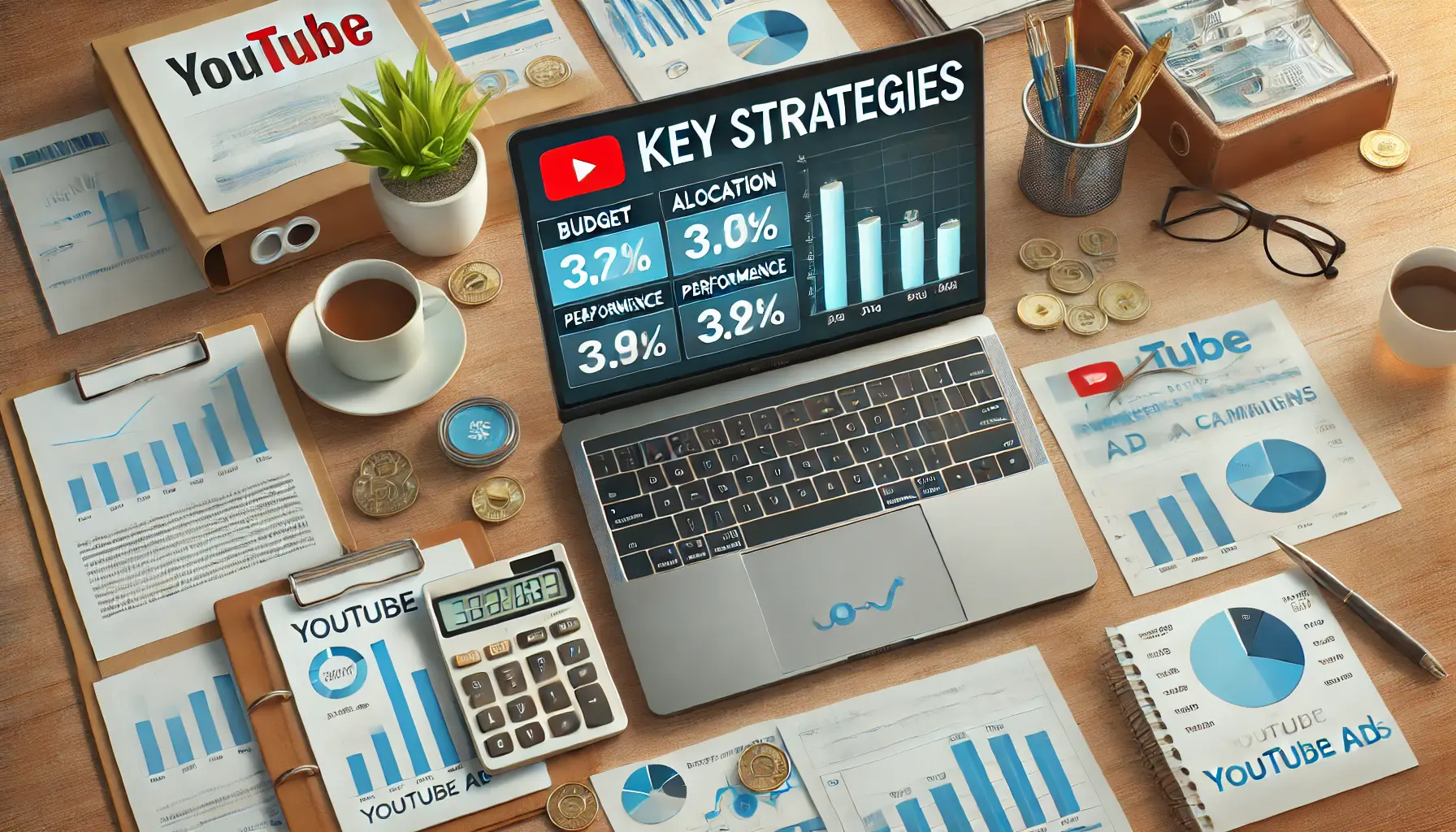 A workspace with a laptop displaying budget allocation strategies, charts, and graphs, along with financial documents, a calculator, and a cup of coffee, symbolizing key strategies for effective budgeting in YouTube ads.