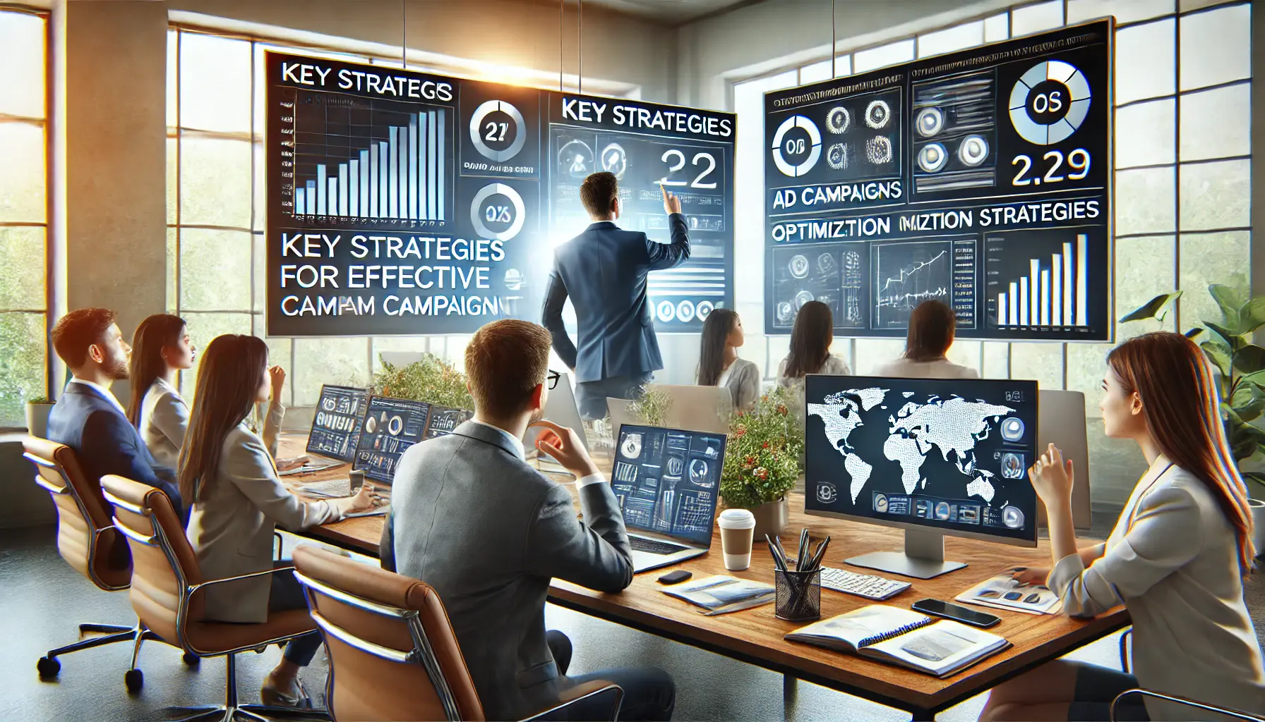 A digital marketer collaborating with a team in a modern office, analyzing and planning strategies with multiple monitors displaying campaign performance data.