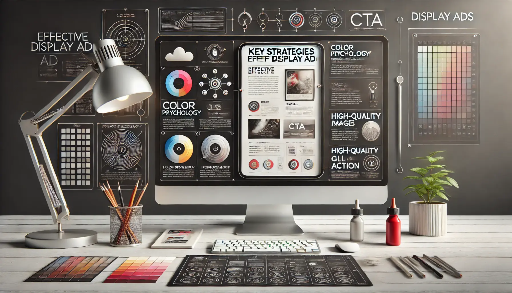 A digital workspace with a computer screen displaying an ad design that integrates color psychology, typography, high-quality images, and a clear call-to-action.