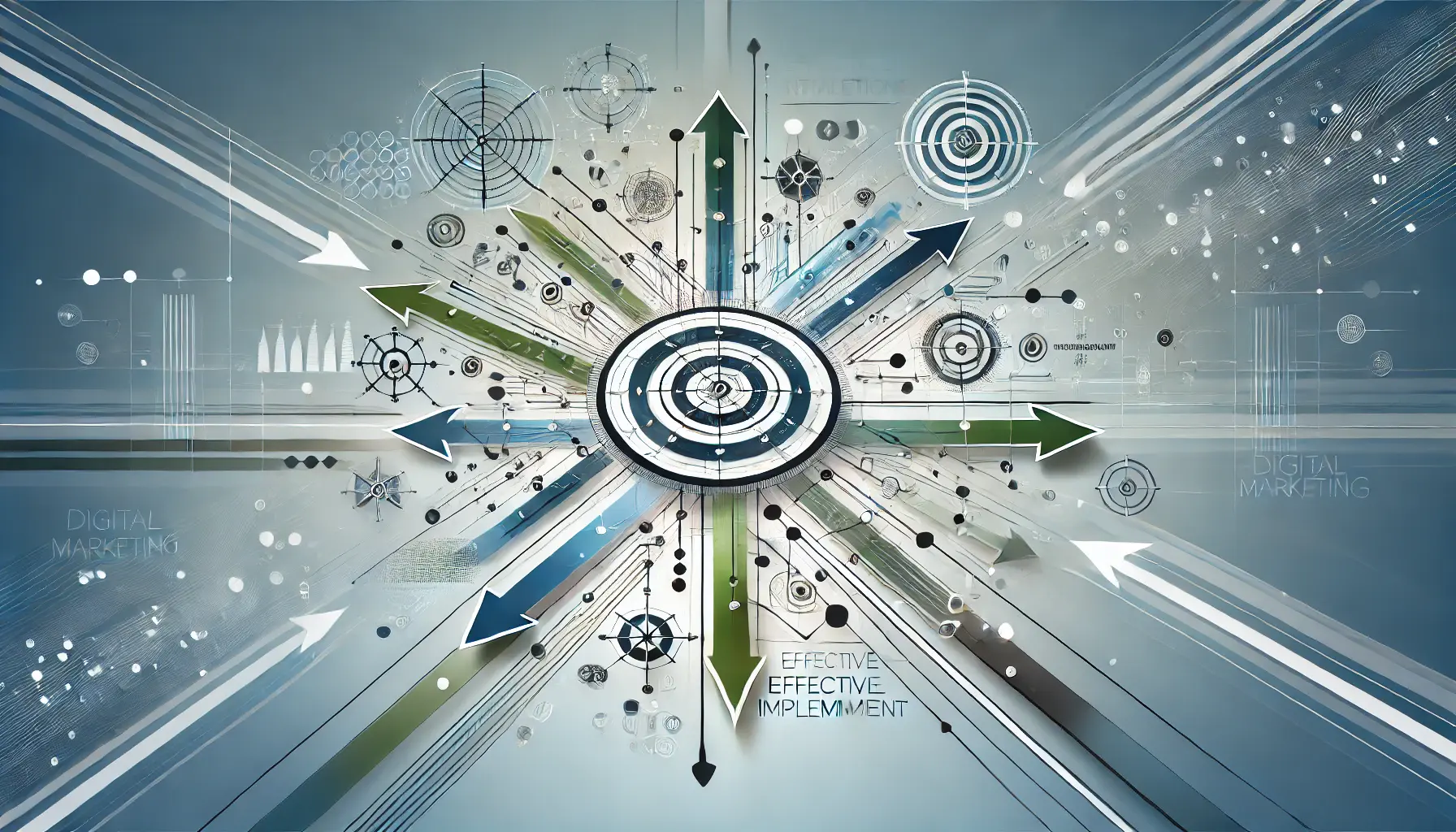 Abstract image representing key strategies with arrows converging to a central target, interconnected nodes, and digital devices symbolizing precision and planning.