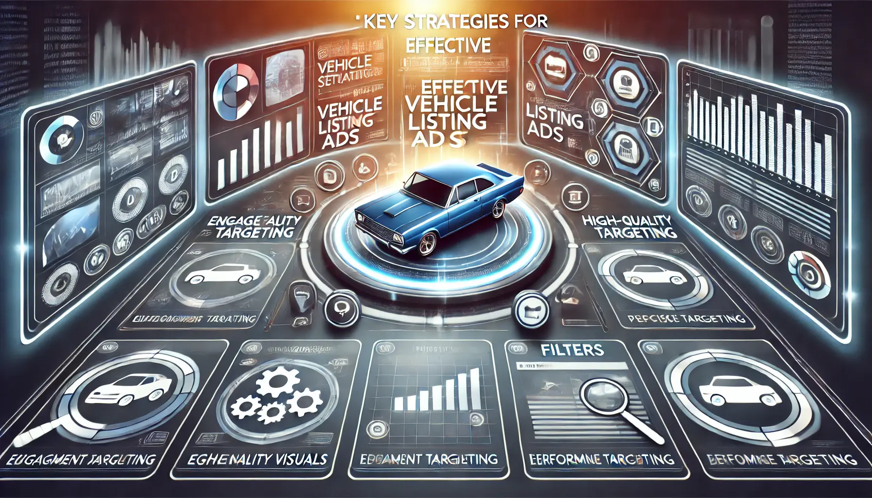 A digital dashboard displaying multiple strategies for optimizing vehicle listing ads with high-quality visuals and data analytics.