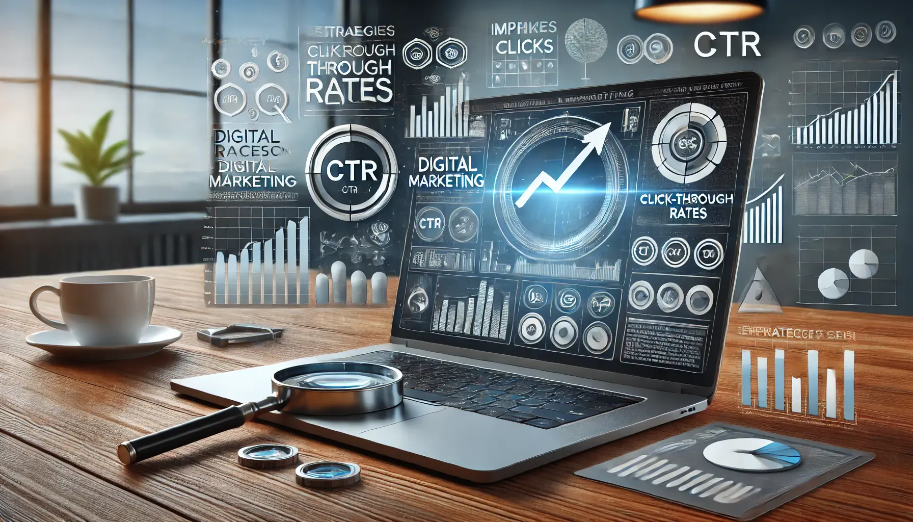 A realistic image of a laptop displaying a digital marketing dashboard with graphs, charts, and performance metrics like clicks and CTR.