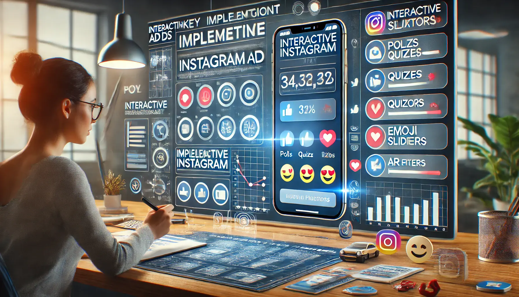 A digital marketing concept showcasing a designer refining an Instagram ad campaign with interactive elements like polls, quizzes, emoji sliders, and AR filters.