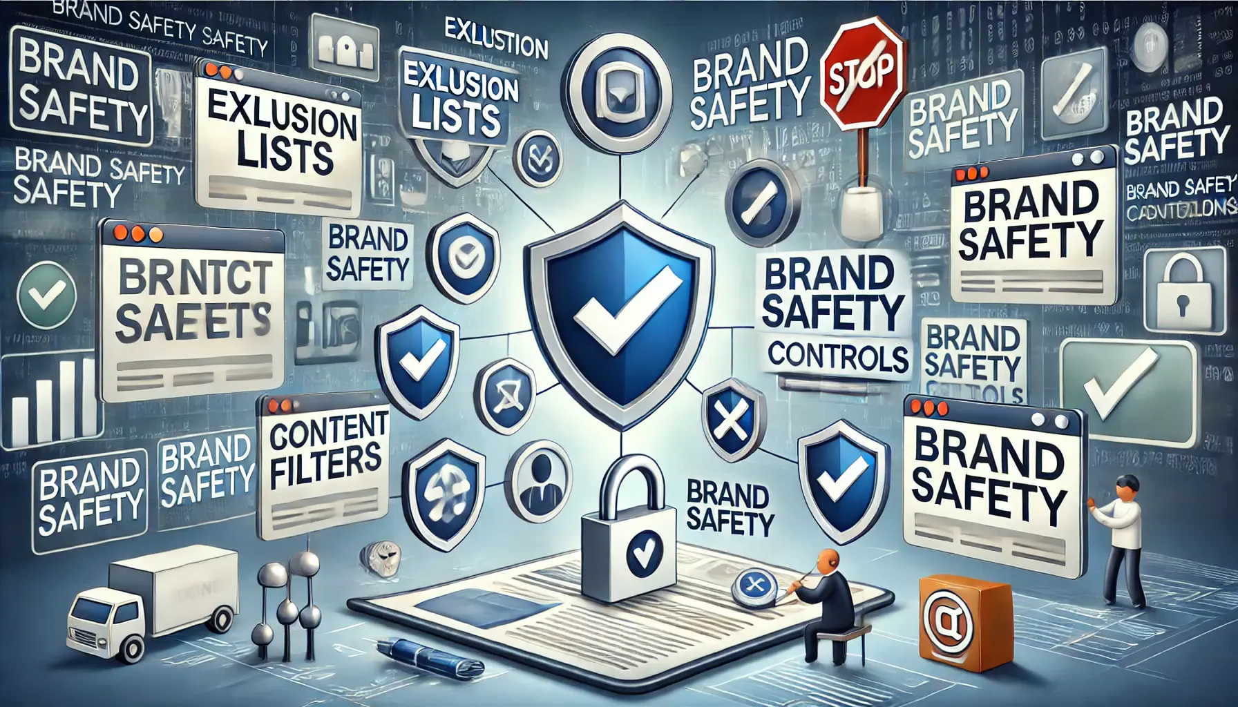 An image illustrating key strategies for maintaining brand safety, featuring tools like shields, checkmarks, and content filters in a digital environment.