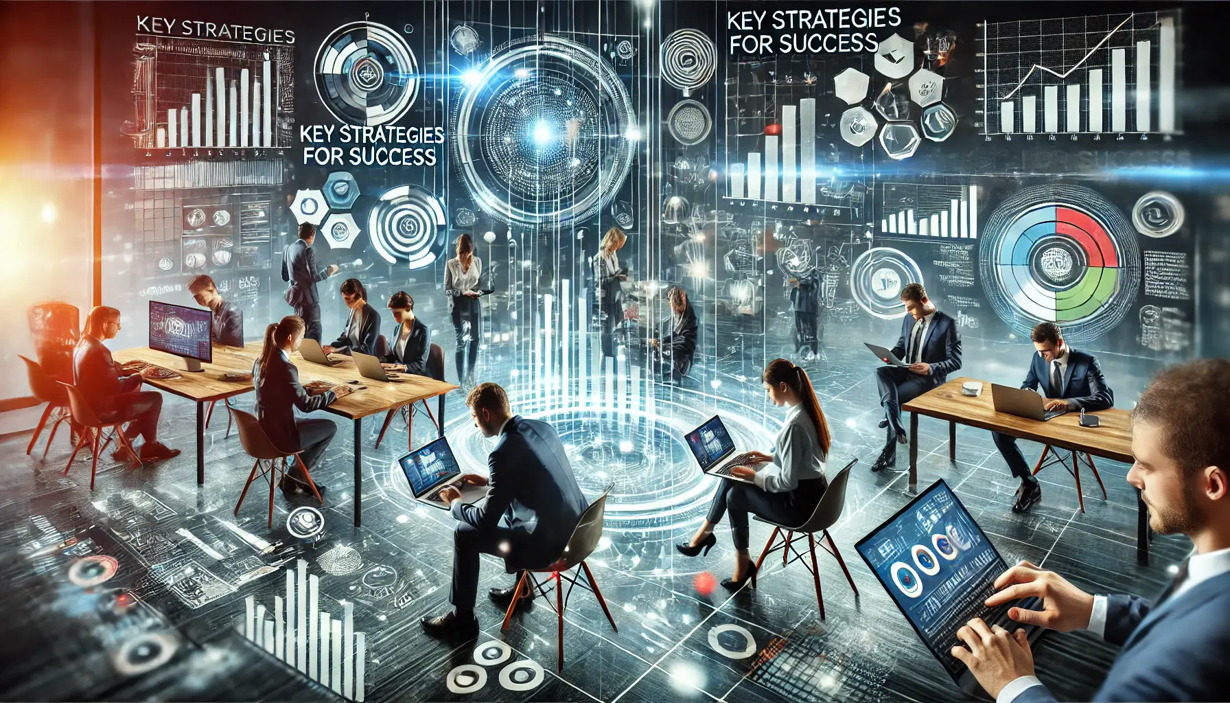 A group of marketers collaborating in a modern workspace, surrounded by visual representations of growth charts, target goals, and performance metrics on multiple devices.