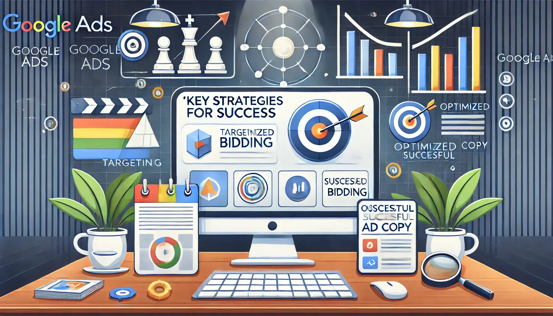 A computer screen displaying a Google Ads dashboard with clearly defined strategies, surrounded by symbols like a chessboard, bullseye target, and upward arrows in a modern workspace.