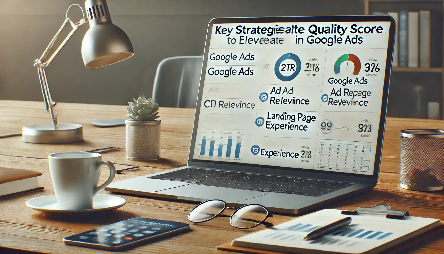 A digital marketing workspace with a laptop displaying performance data and strategies to elevate Quality Score in Google Ads.