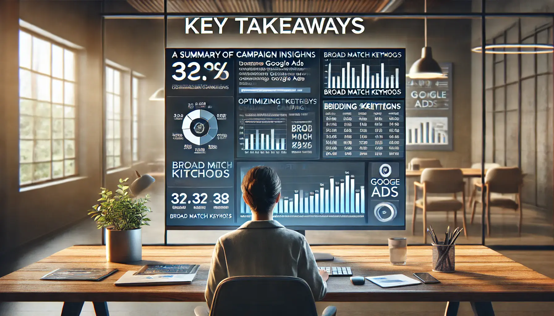 A digital workspace showing a marketer reviewing campaign insights and key takeaways on a computer screen, highlighting performance metrics and charts.